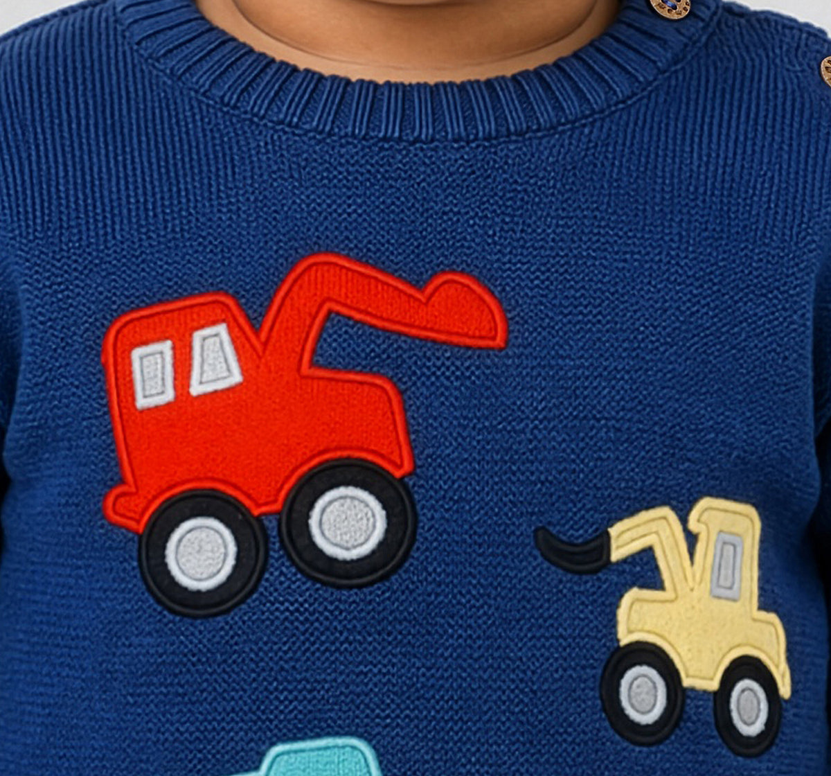 Sweater with Vehicle Flatknit Appliques Blue