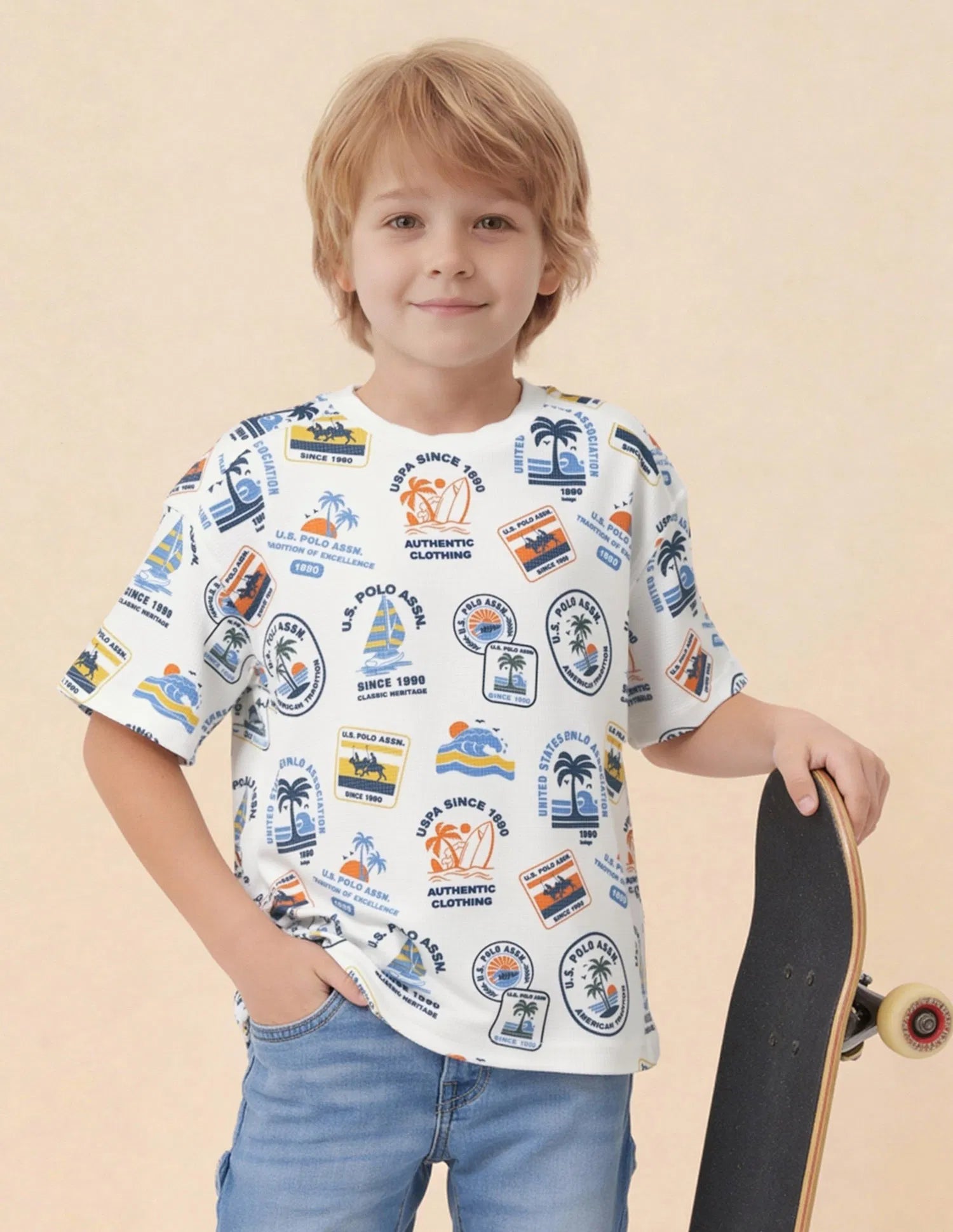 Boys White Cotton Blend Graphic Oversized Fit T-Shirt