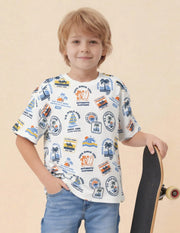 Boys White Cotton Blend Graphic Oversized Fit T-Shirt