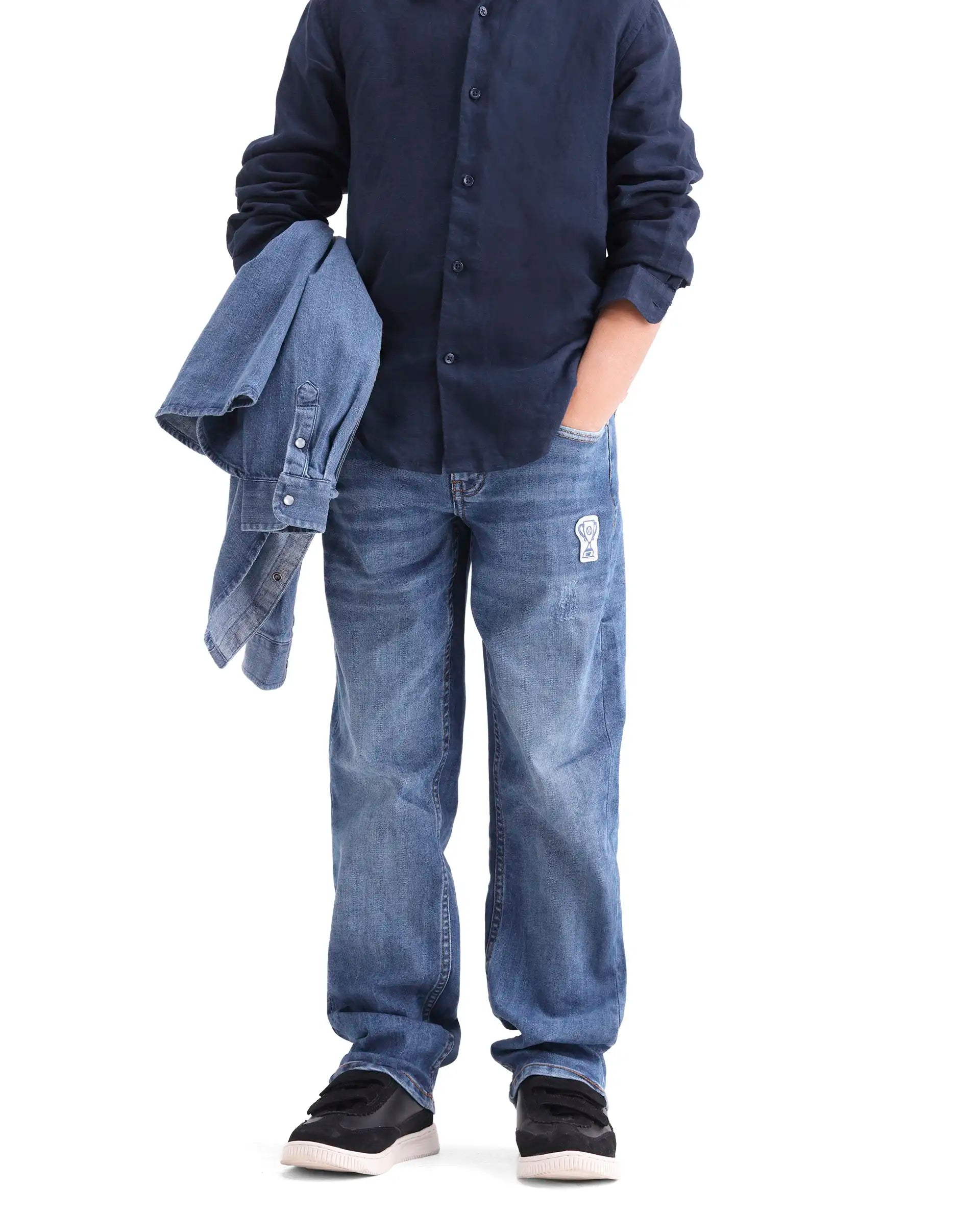 Rare Ones Boys Dino Blue Regular Fit Cotton Blend Denim Pant