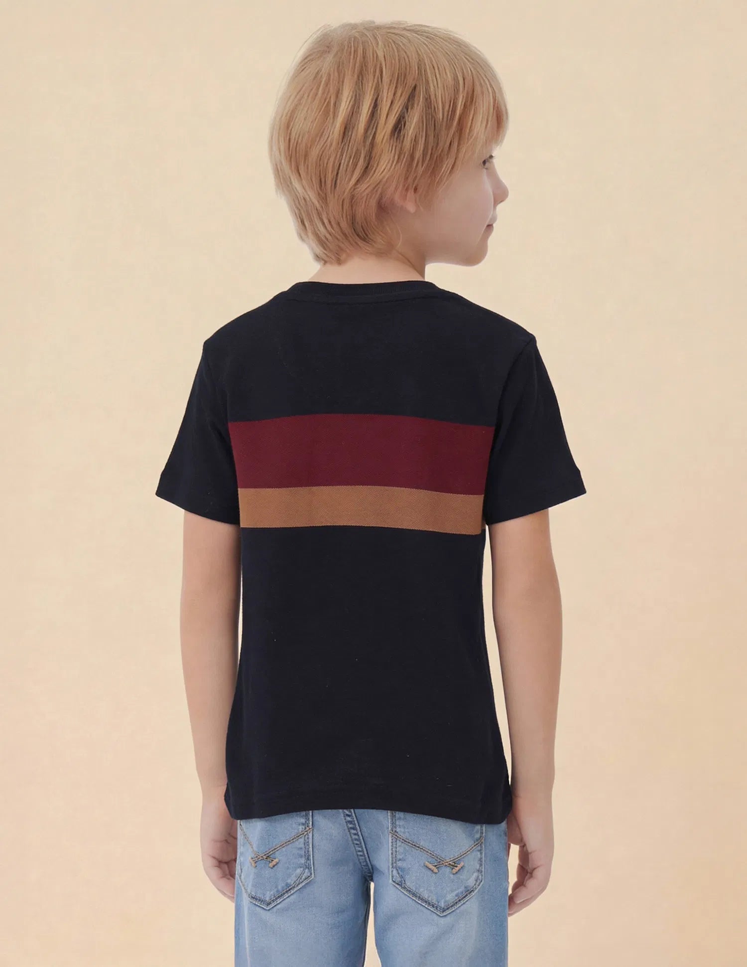 Boys Navy Cotton Colour Block Logo T-Shirt