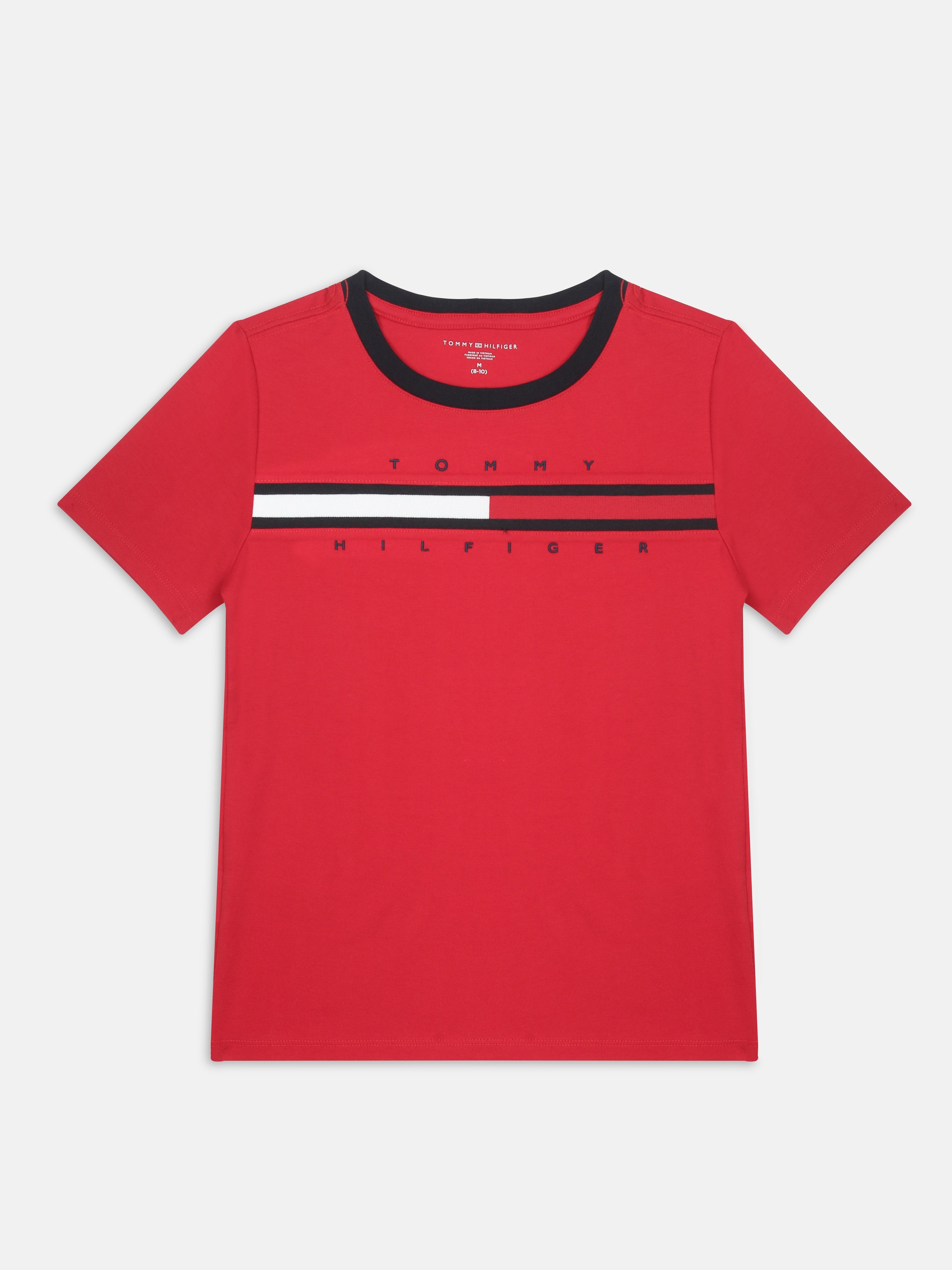 Boys Primary Red Embroidered Logo Cotton Regular Fit T-Shirt