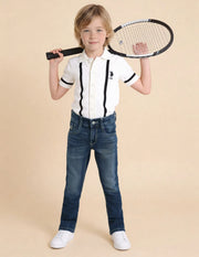 Boys Dark Blue Cotton Blend Whiskered Slim Fit Jeans
