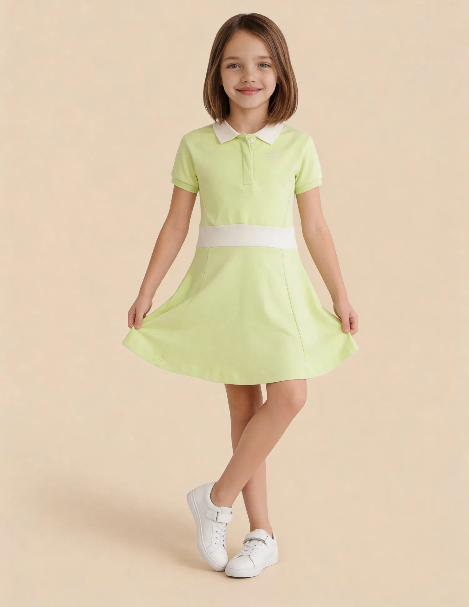 Girls Light Green Cotton Solid A-Line Polo Dress