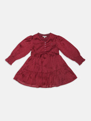 Girls Maroon Printed Polyester Casual V-Neck Dress