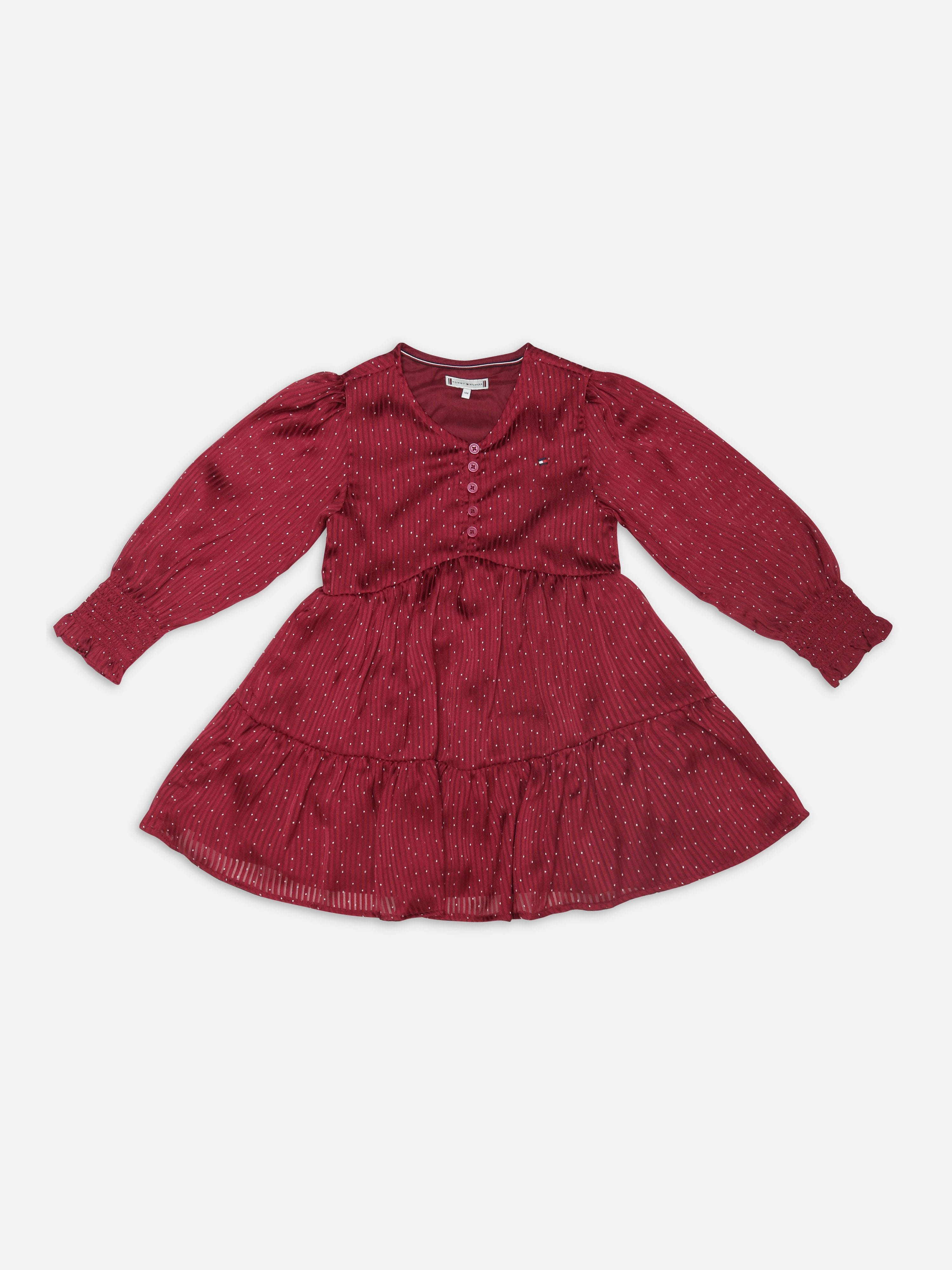 Girls Maroon Printed Polyester Casual V-Neck Dress