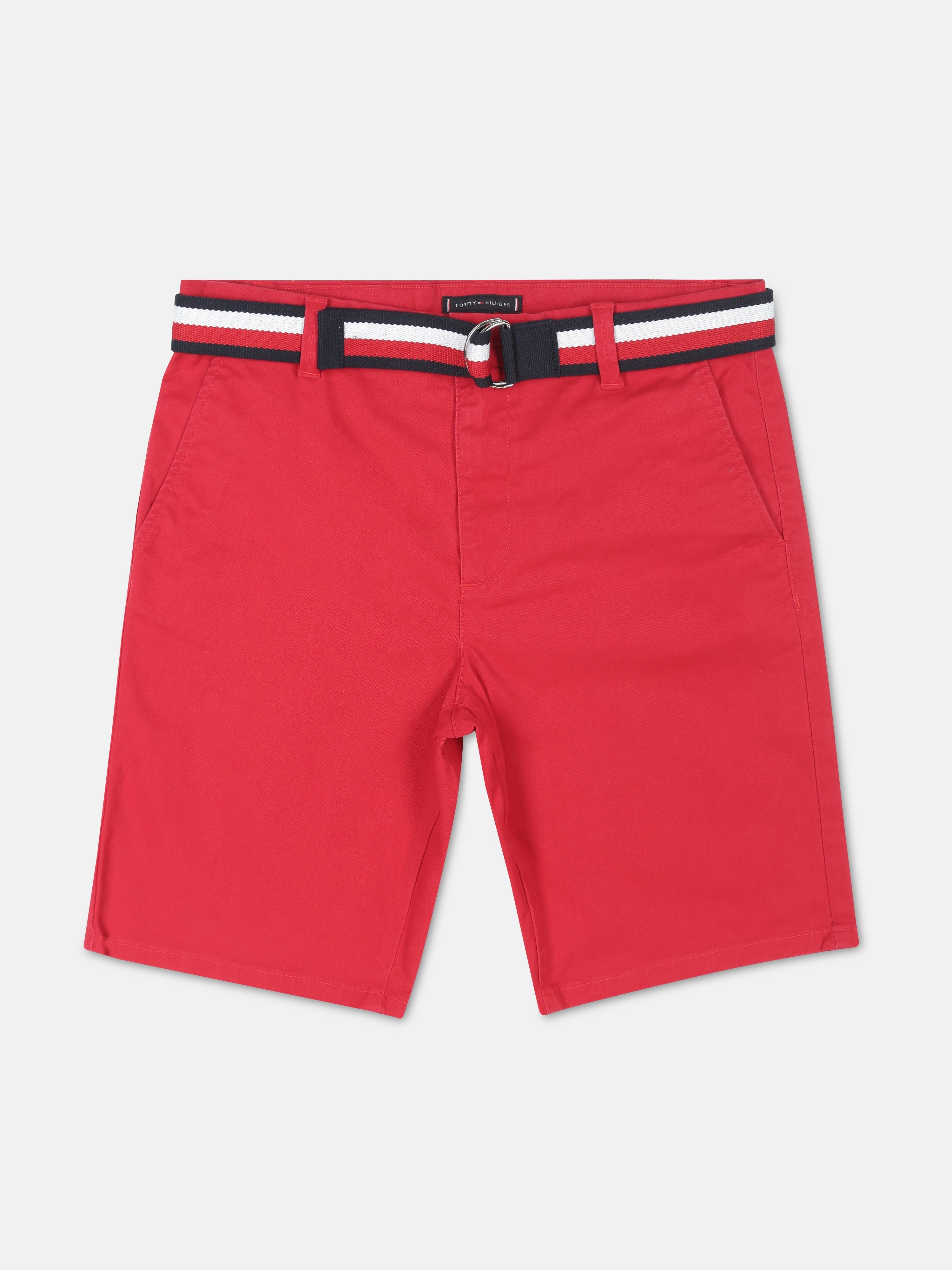 Boys Primary Red Regular Fit Solid Mid Rise Chino Shorts