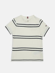 Boys White Striped Crew Neck Regular Fit Cotton Knit Top
