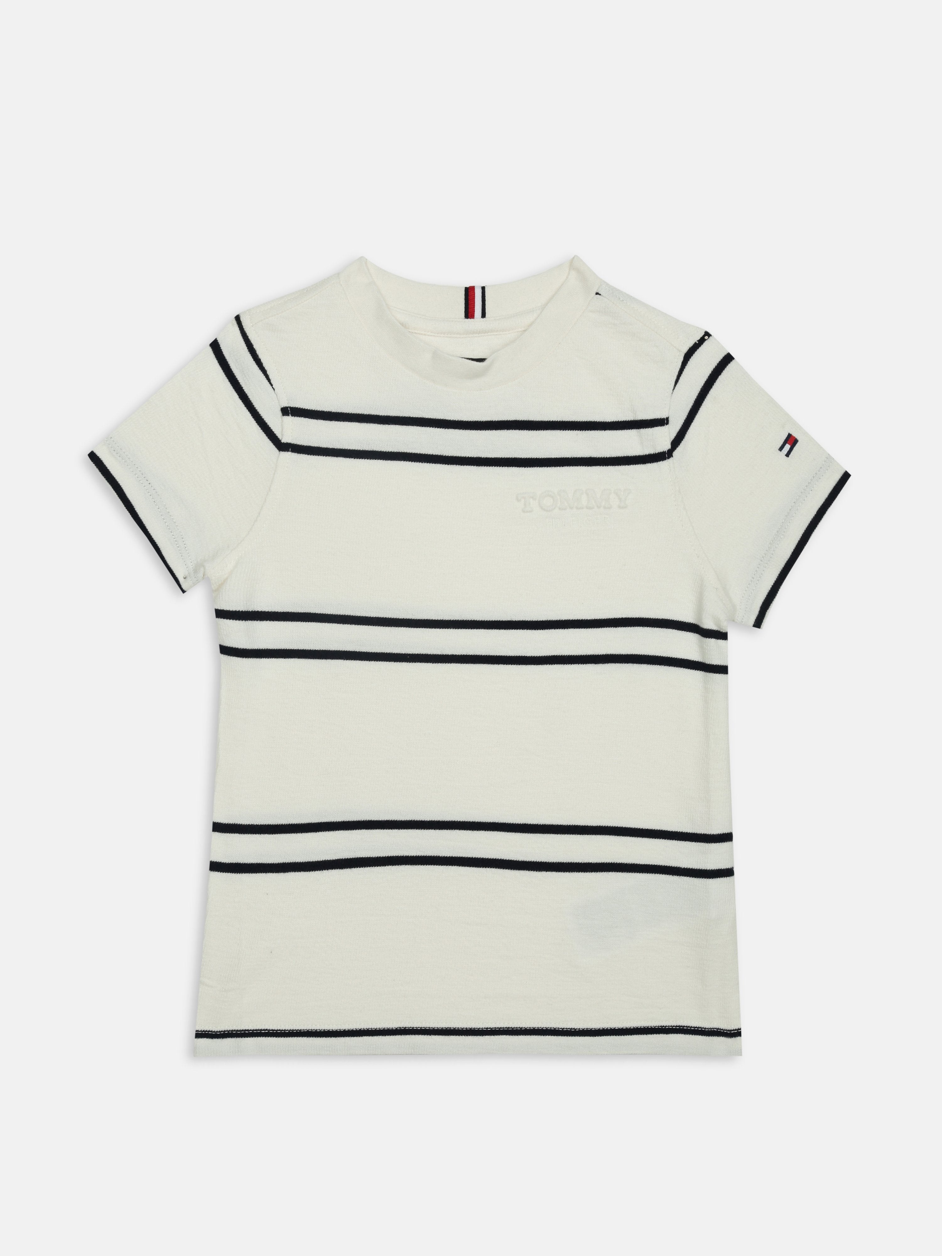 Boys White Striped Crew Neck Regular Fit Cotton Knit Top