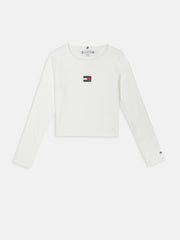 Girls White Solid Cotton Blend Casual Full Sleeve Knit Top