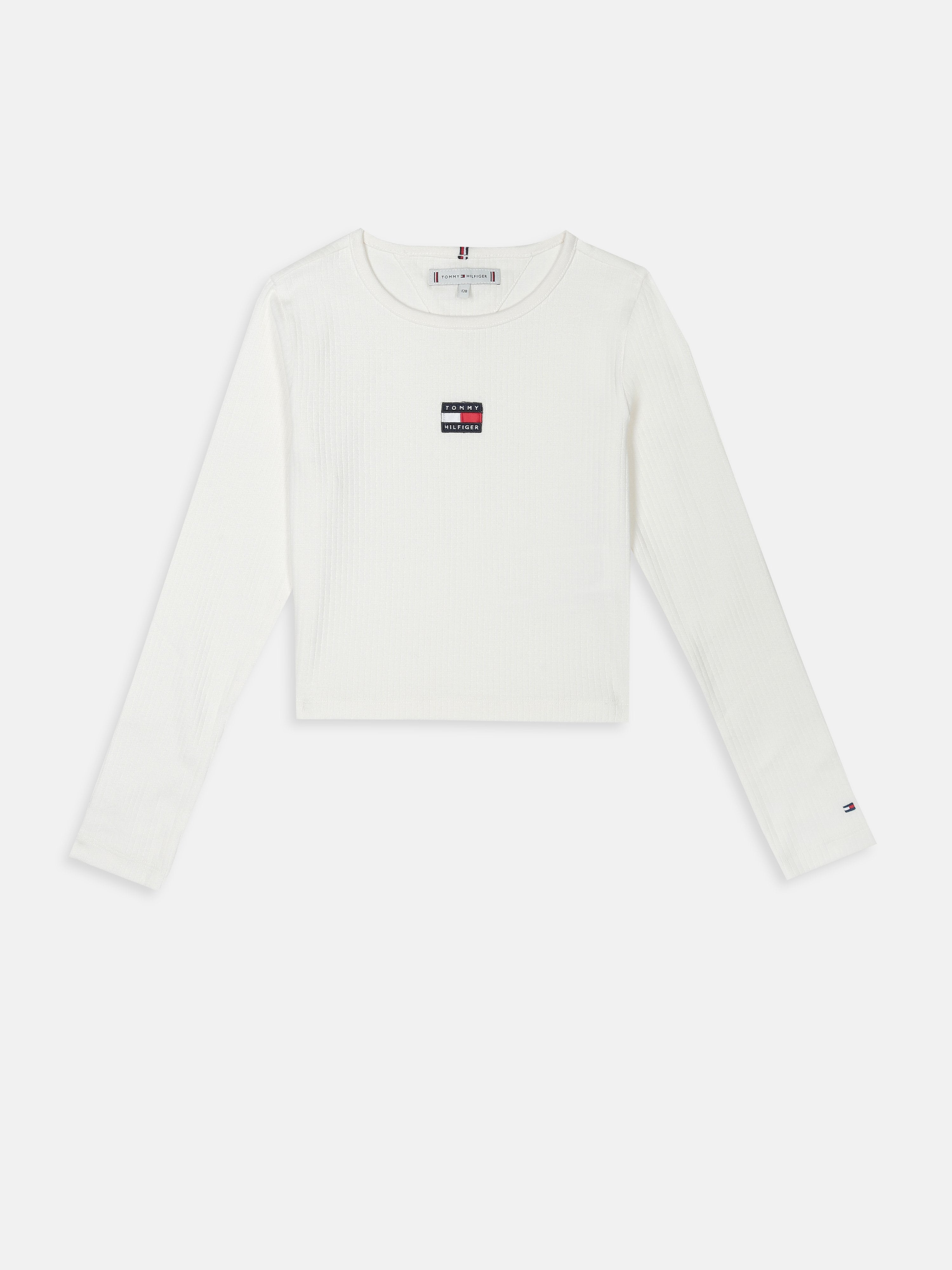 Girls White Solid Cotton Blend Casual Full Sleeve Knit Top