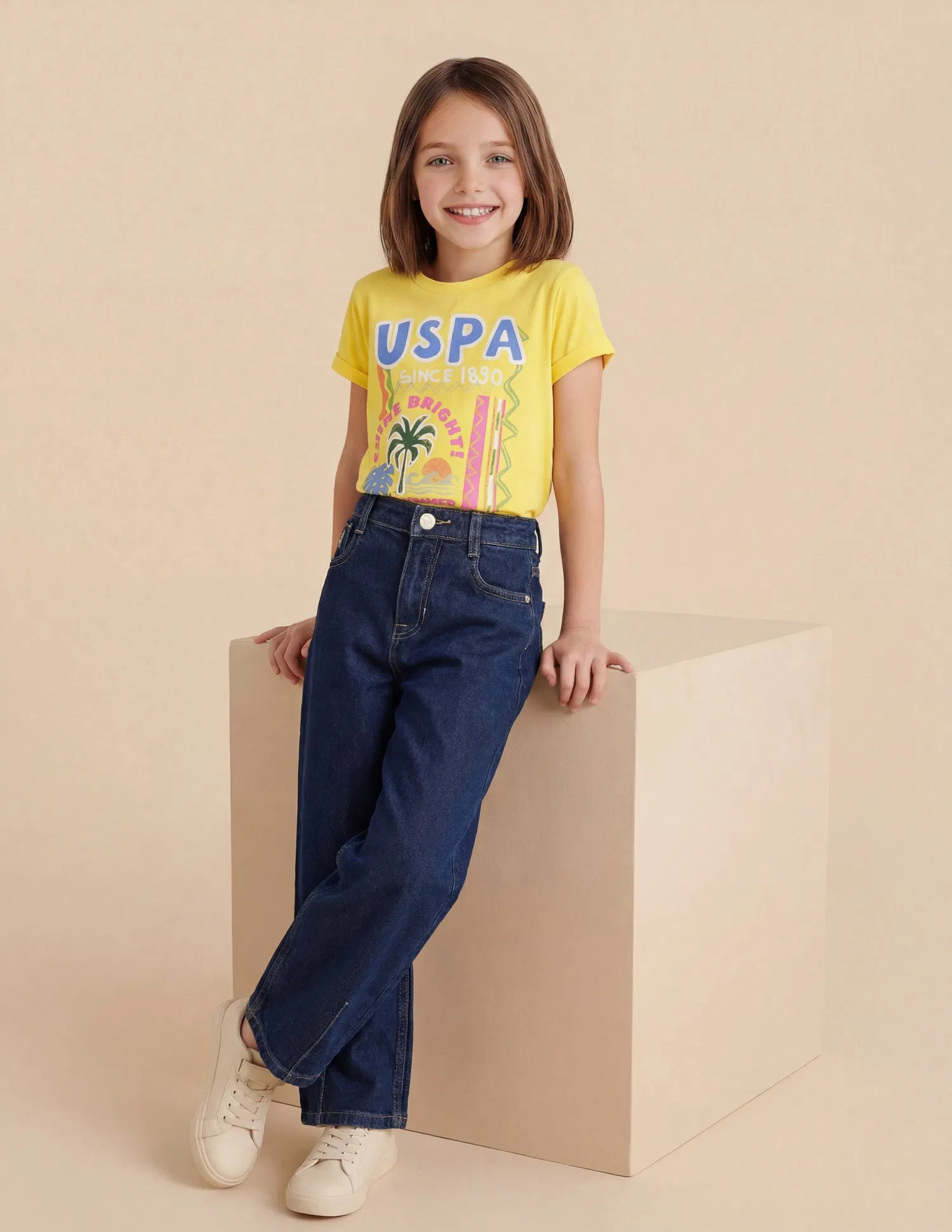 Girls Dark Blue Cotton Barrel Fit Jeans