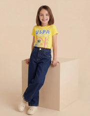 Girls Dark Blue Cotton Barrel Fit Jeans