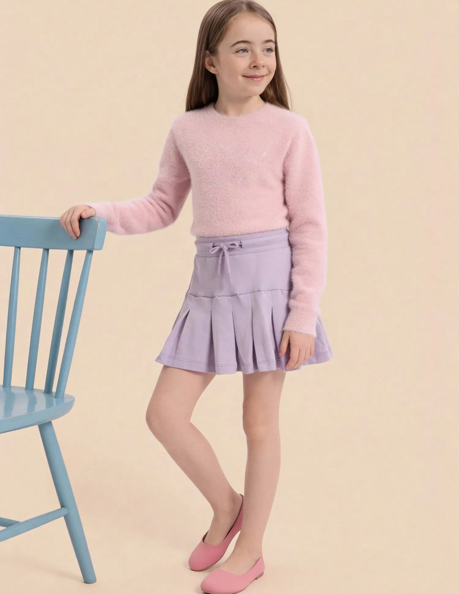 Girls Purple Cotton Solid Pleated Mini Skirt