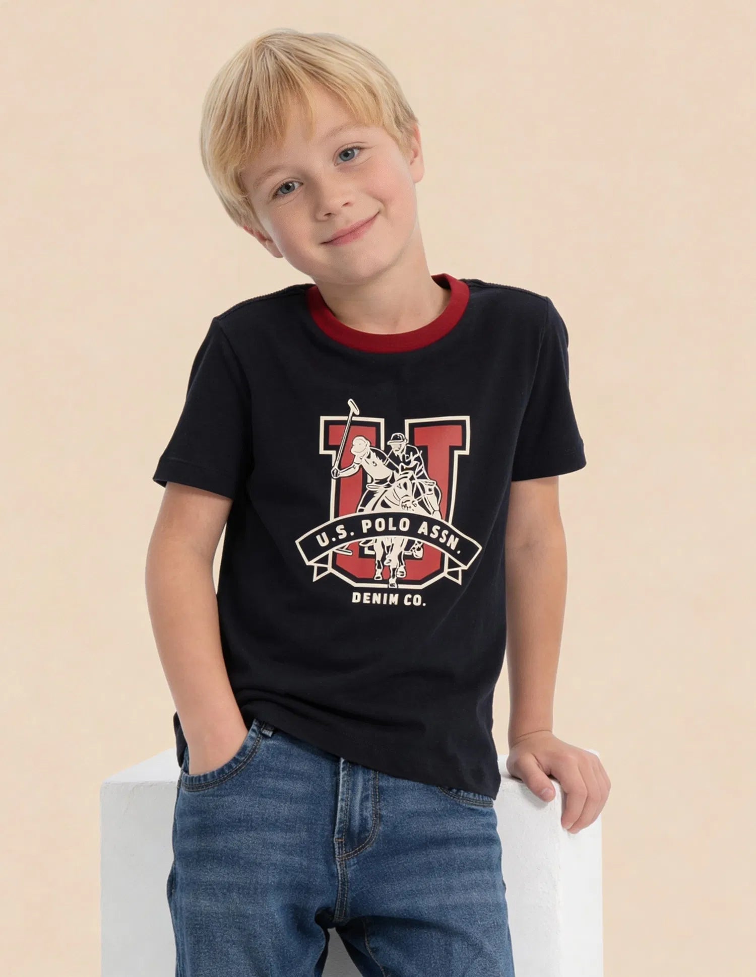 Boys Navy Cotton Brand Printed Regular Fit T-Shirt