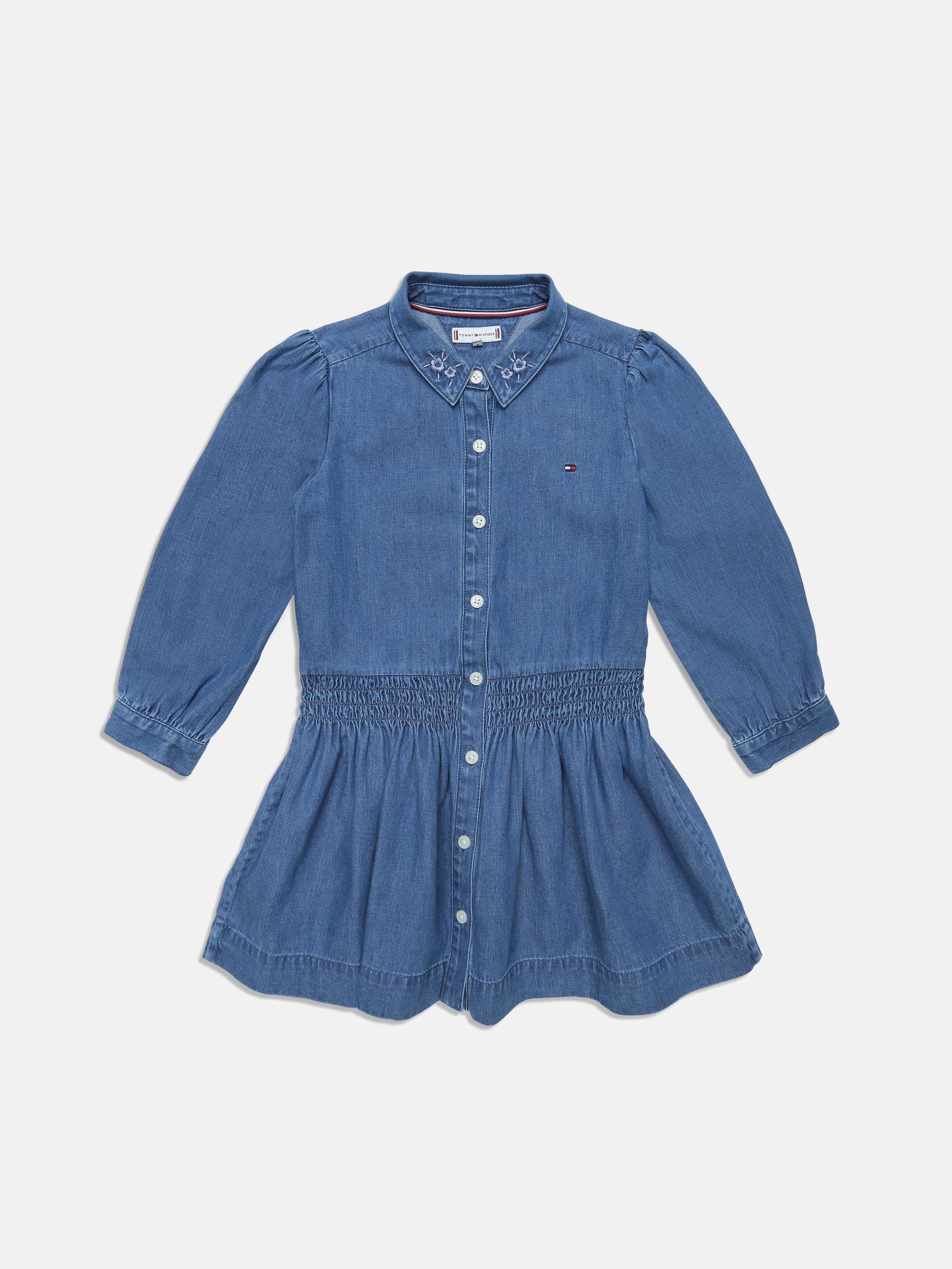 Girls Blue Solid Knee-Length Shirt Collar Casual Dress