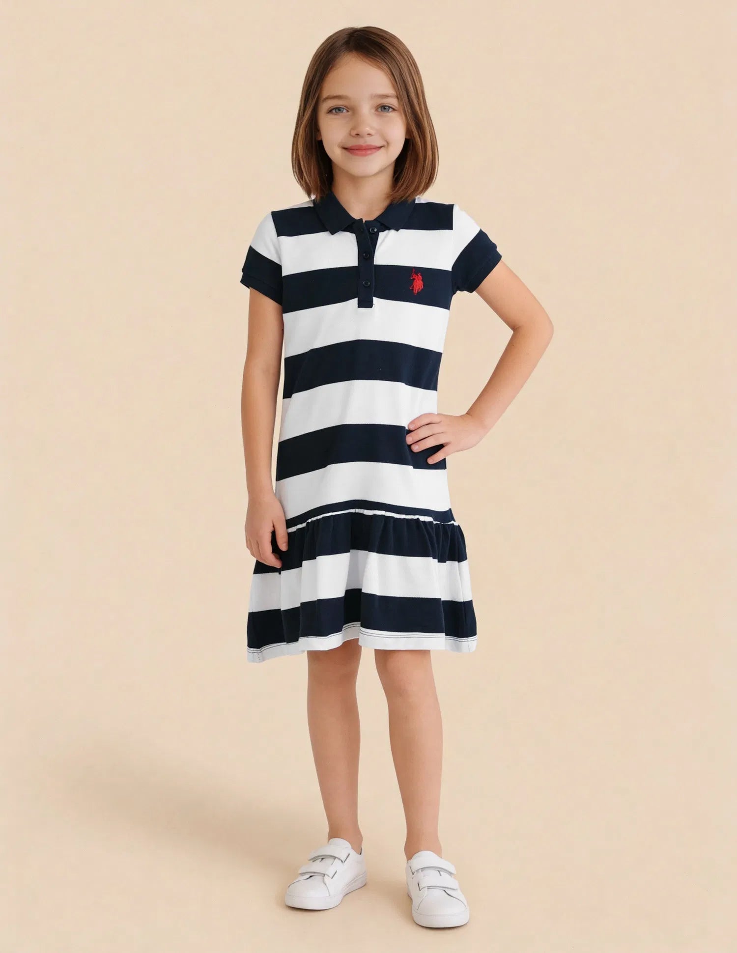 Girls Navy Cotton Horizontal Striped A-Line Polo Dress