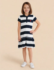 Girls Navy Cotton Horizontal Striped A-Line Polo Dress