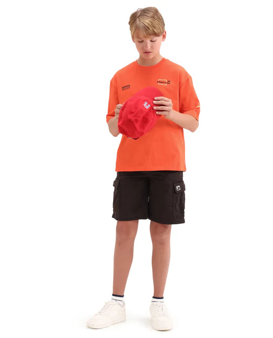 Rare Ones Boys Orange Puff Print Oversized Cotton T-Shirt