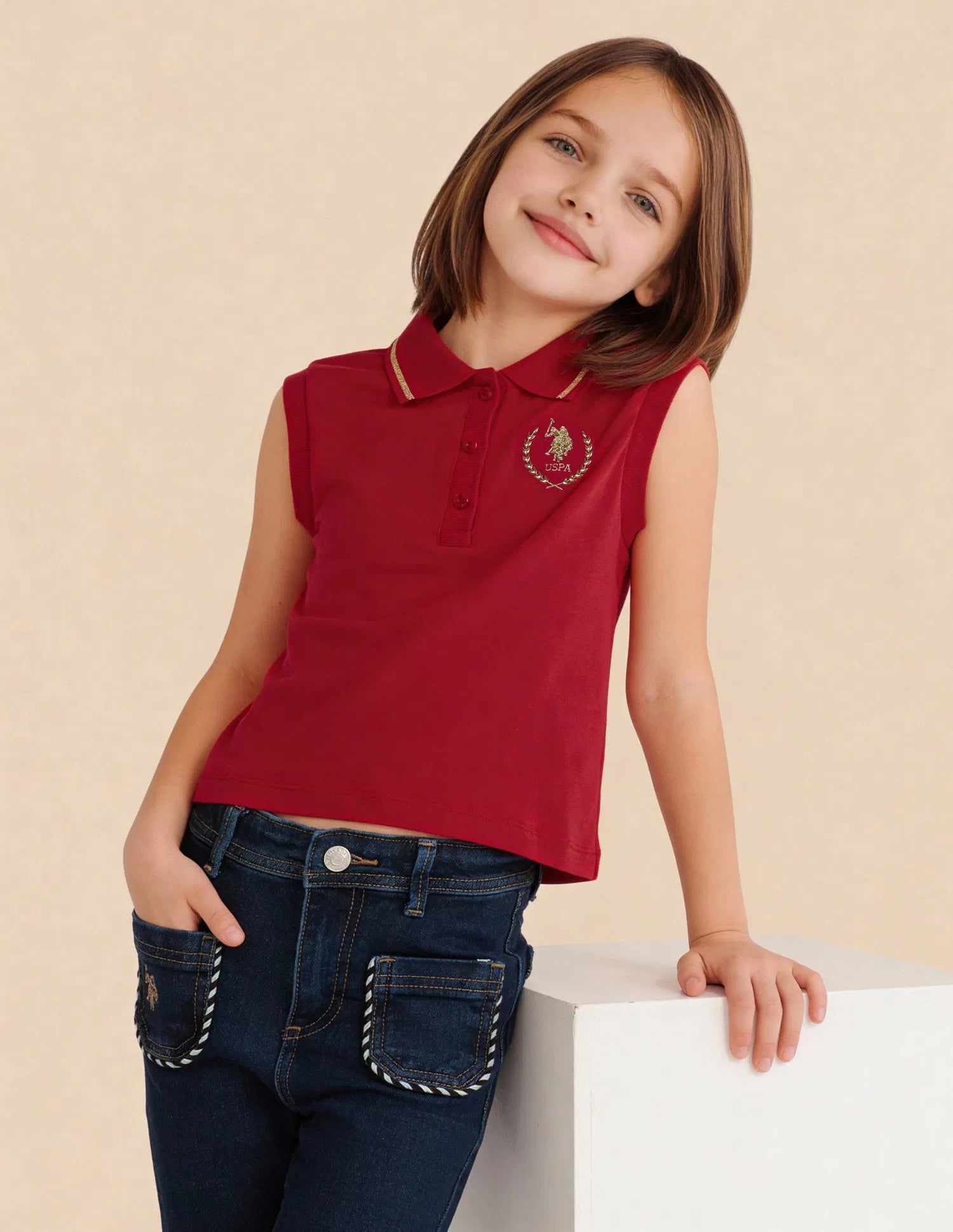 Girls Red Cotton Solid Sleeveless Regular Fit Top