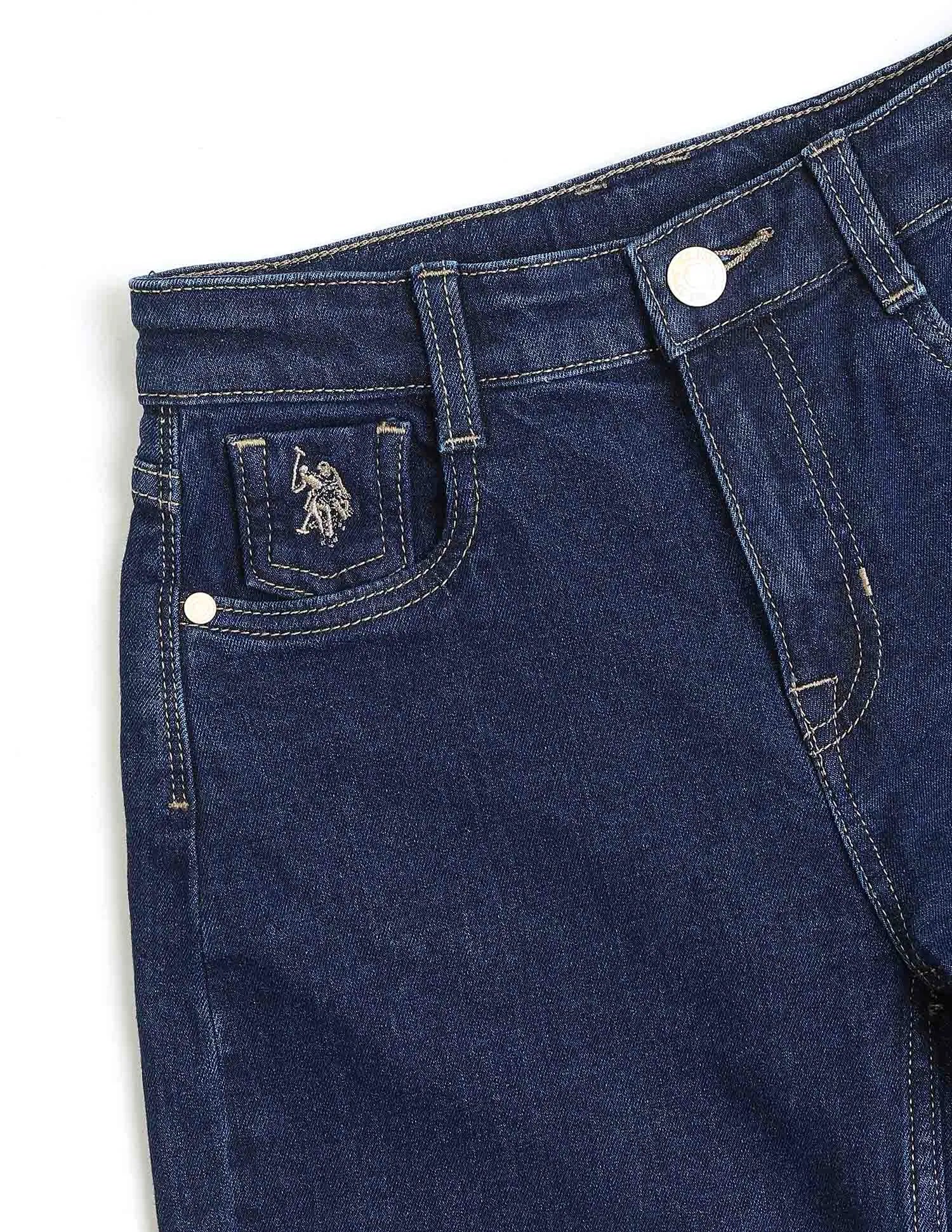 Girls Dark Blue Cotton Barrel Fit Jeans
