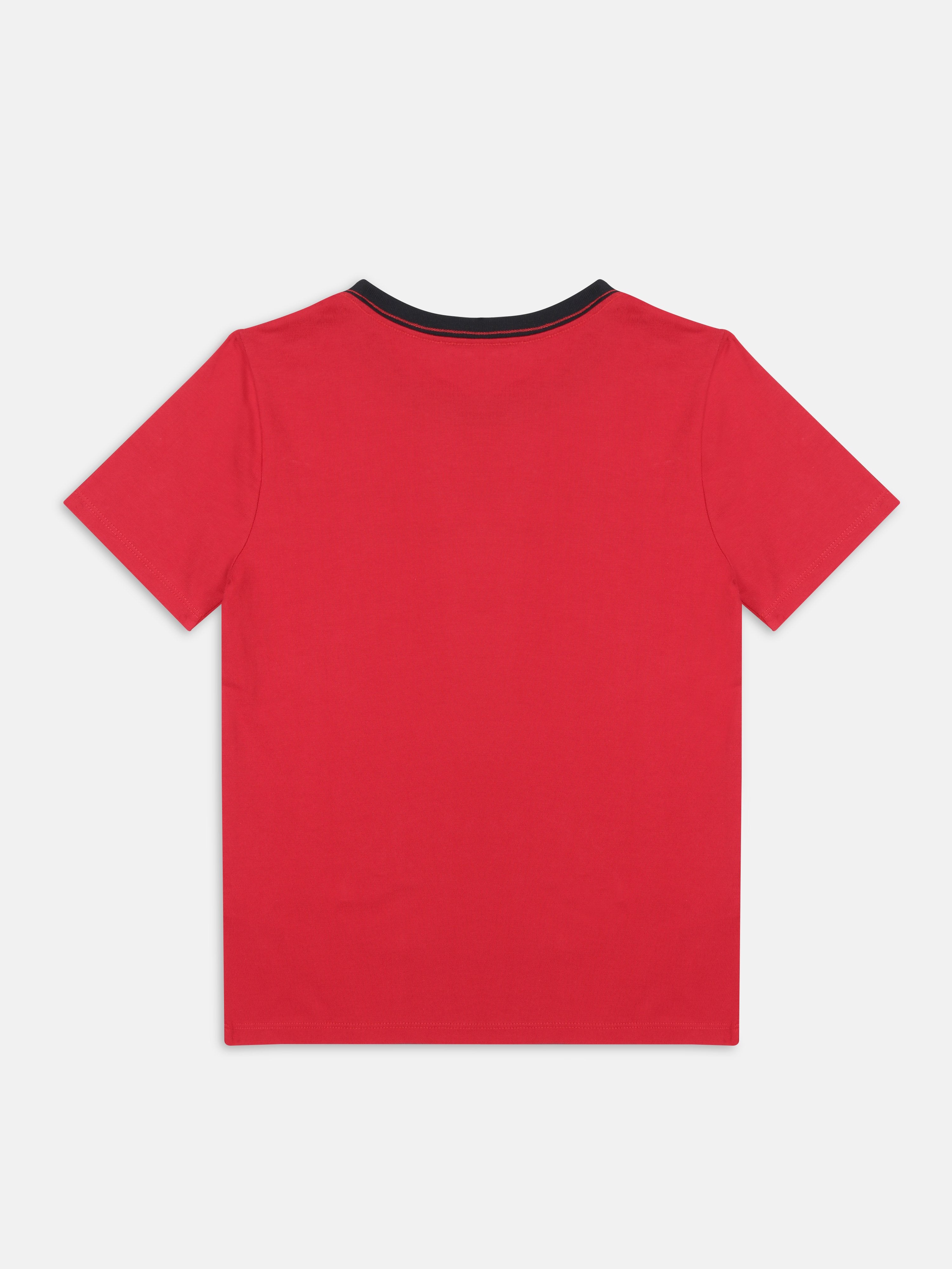 Boys Primary Red Embroidered Logo Cotton Regular Fit T-Shirt