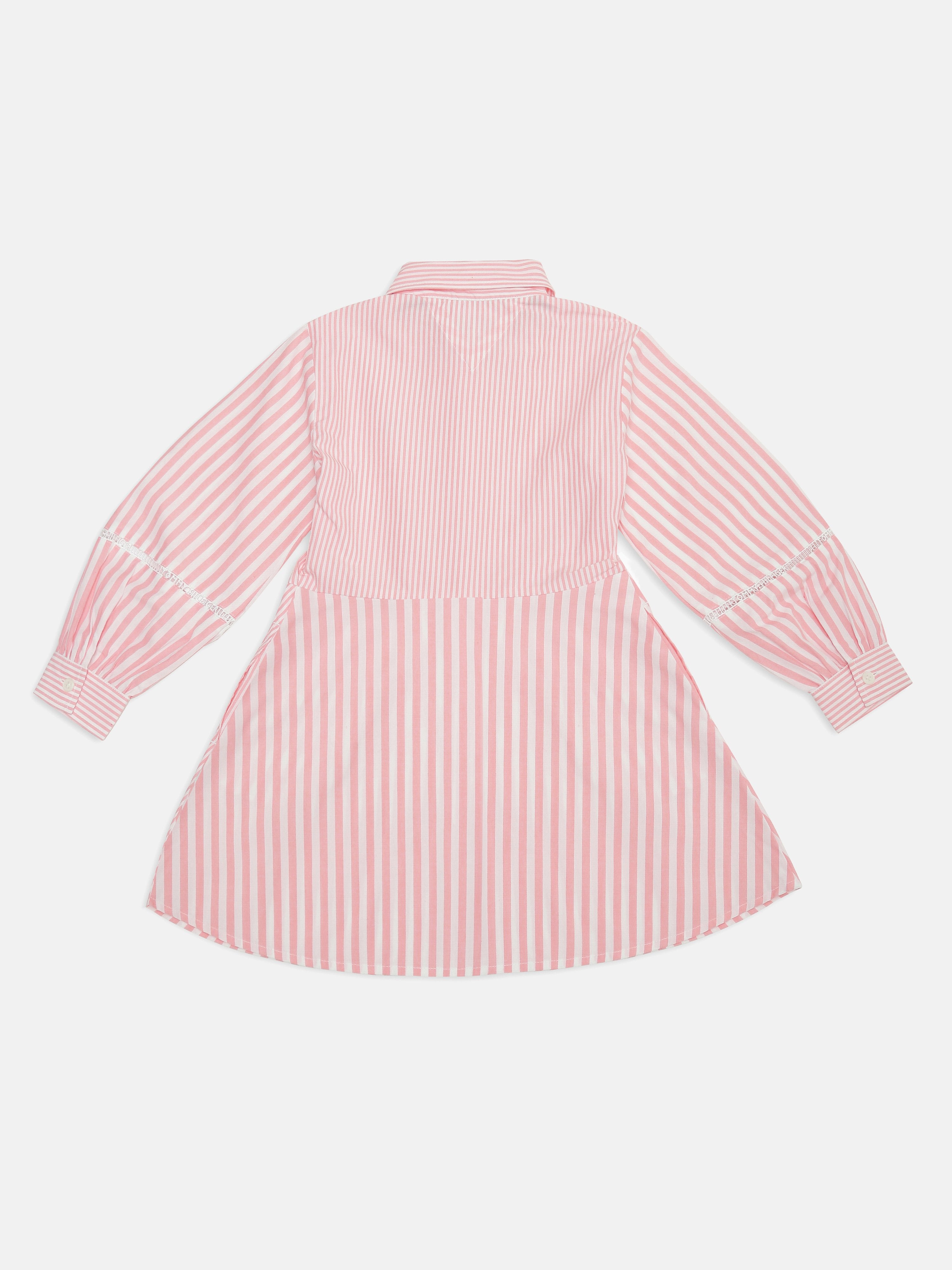 Girls Pink Striped Organic Cotton Casual Shirt Dress