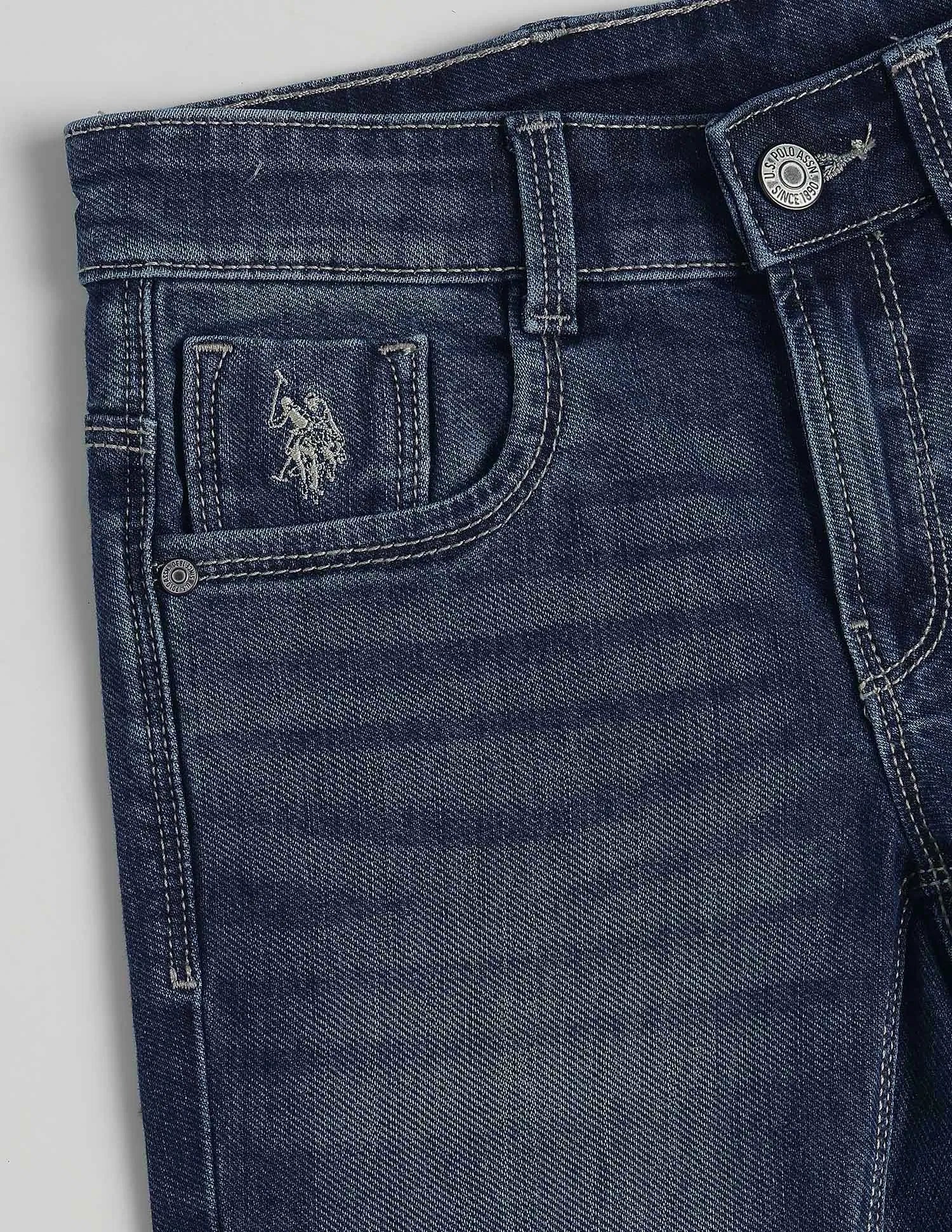 Boys Dark Blue Cotton Blend Whiskered Slim Fit Jeans