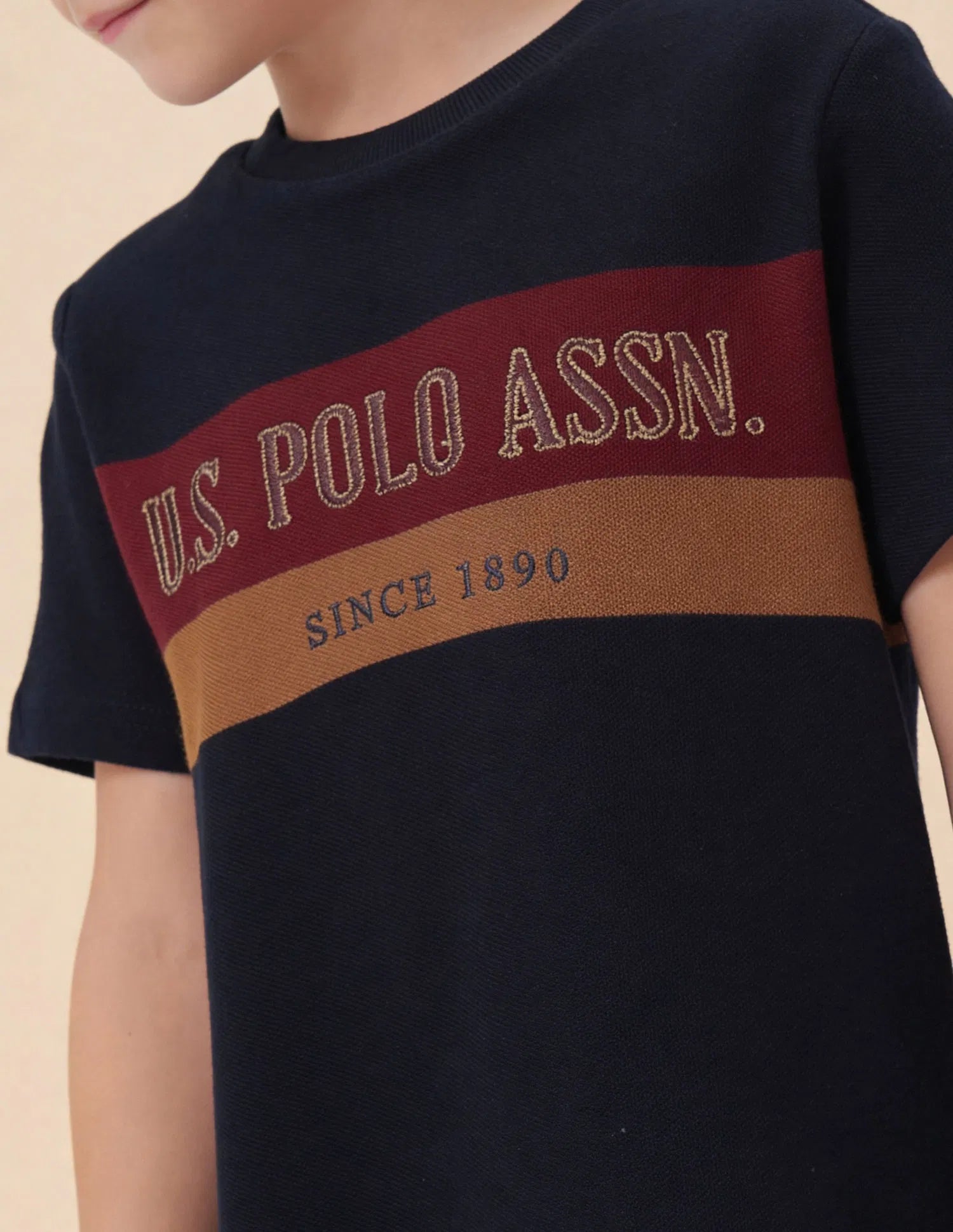 Boys Navy Cotton Colour Block Logo T-Shirt