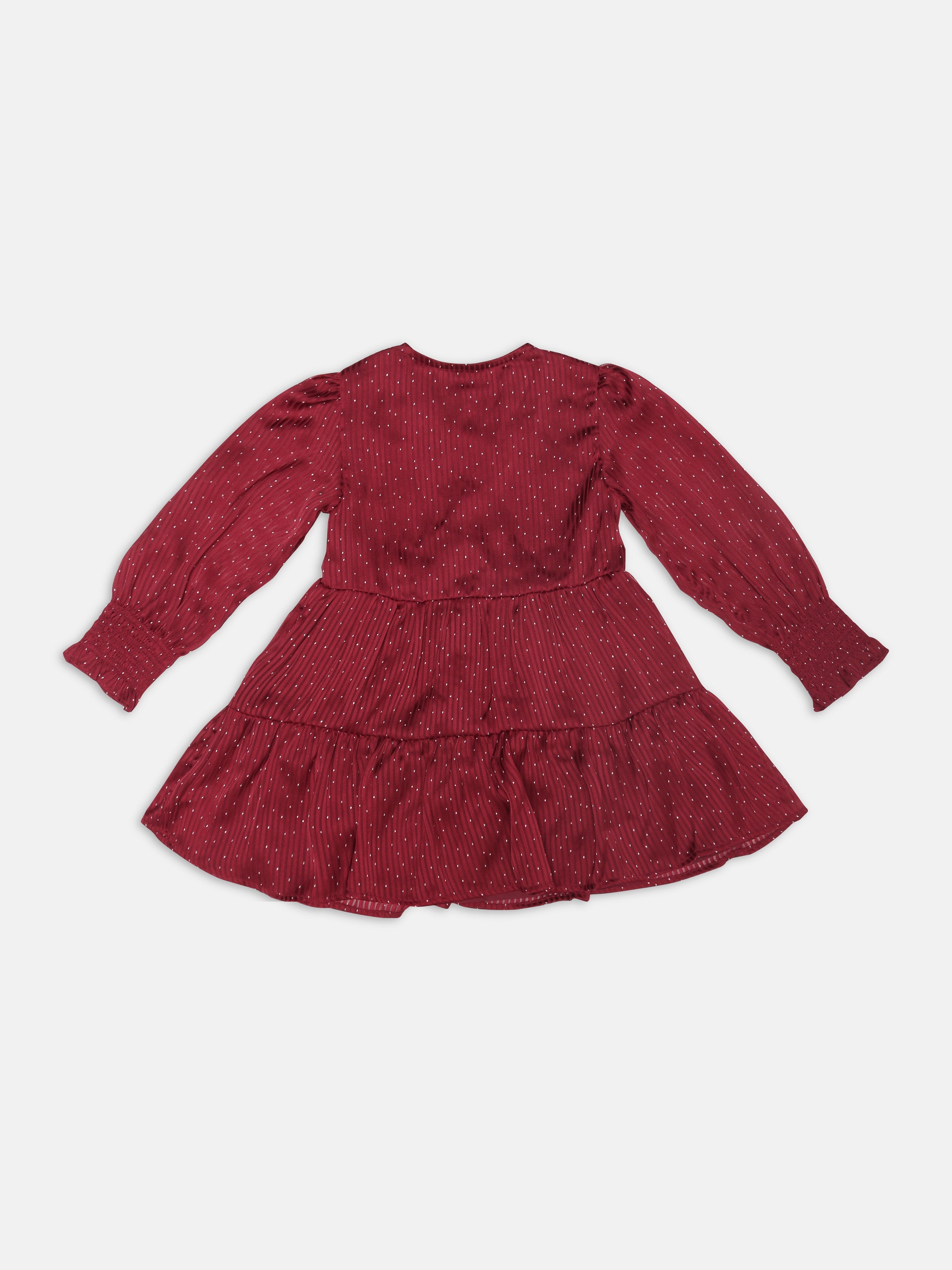 Girls Maroon Printed Polyester Casual V-Neck Dress