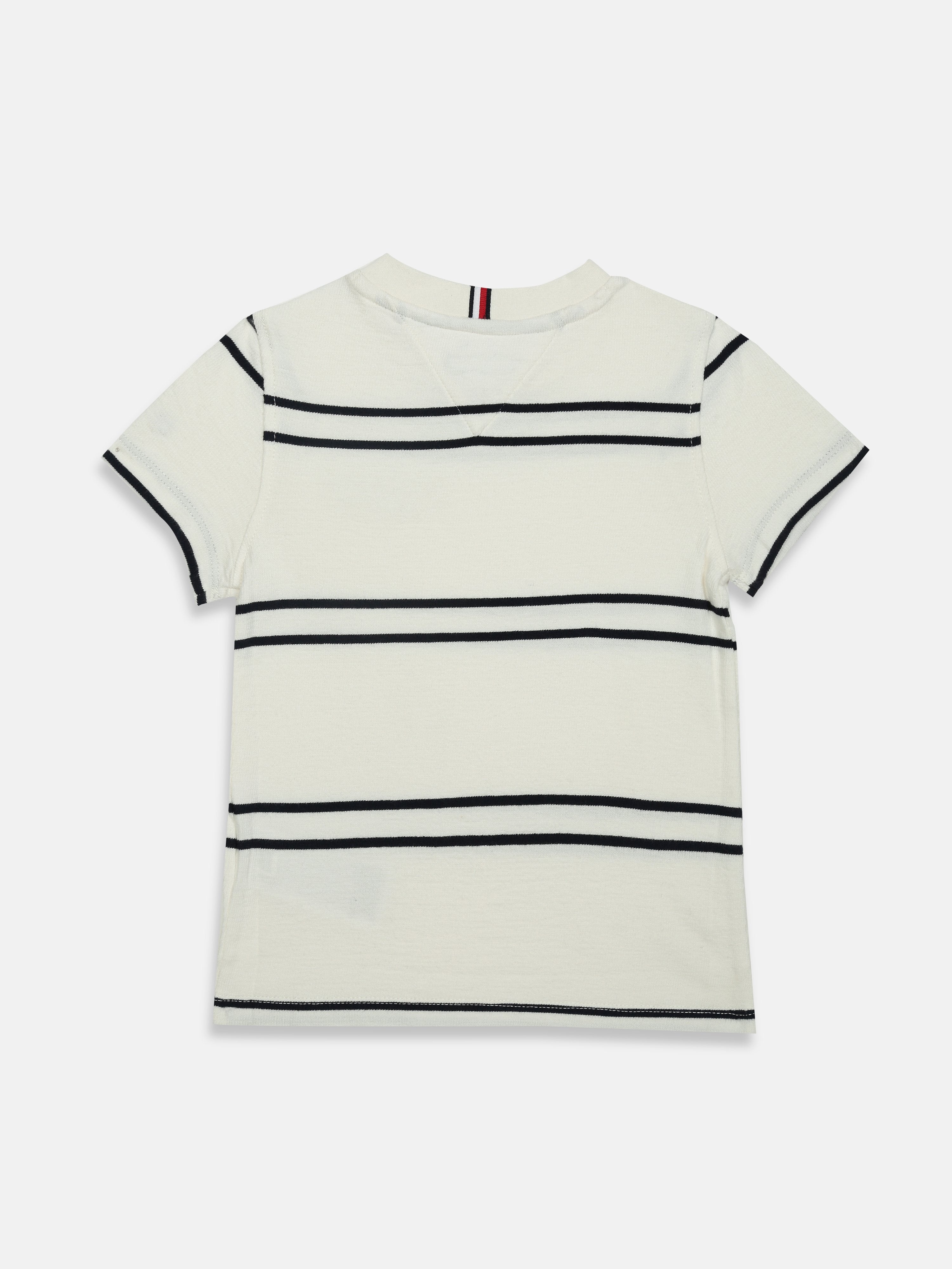 Boys White Striped Crew Neck Regular Fit Cotton Knit Top