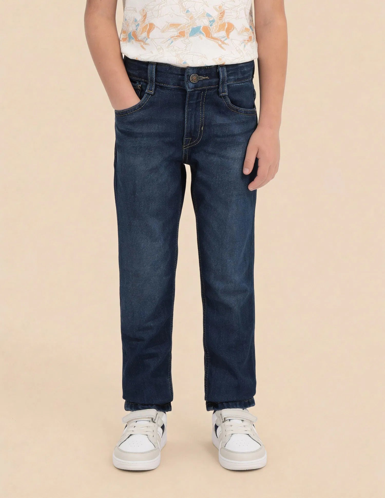 Boys Dark Blue Cotton Whiskered Slim Fit Jeans