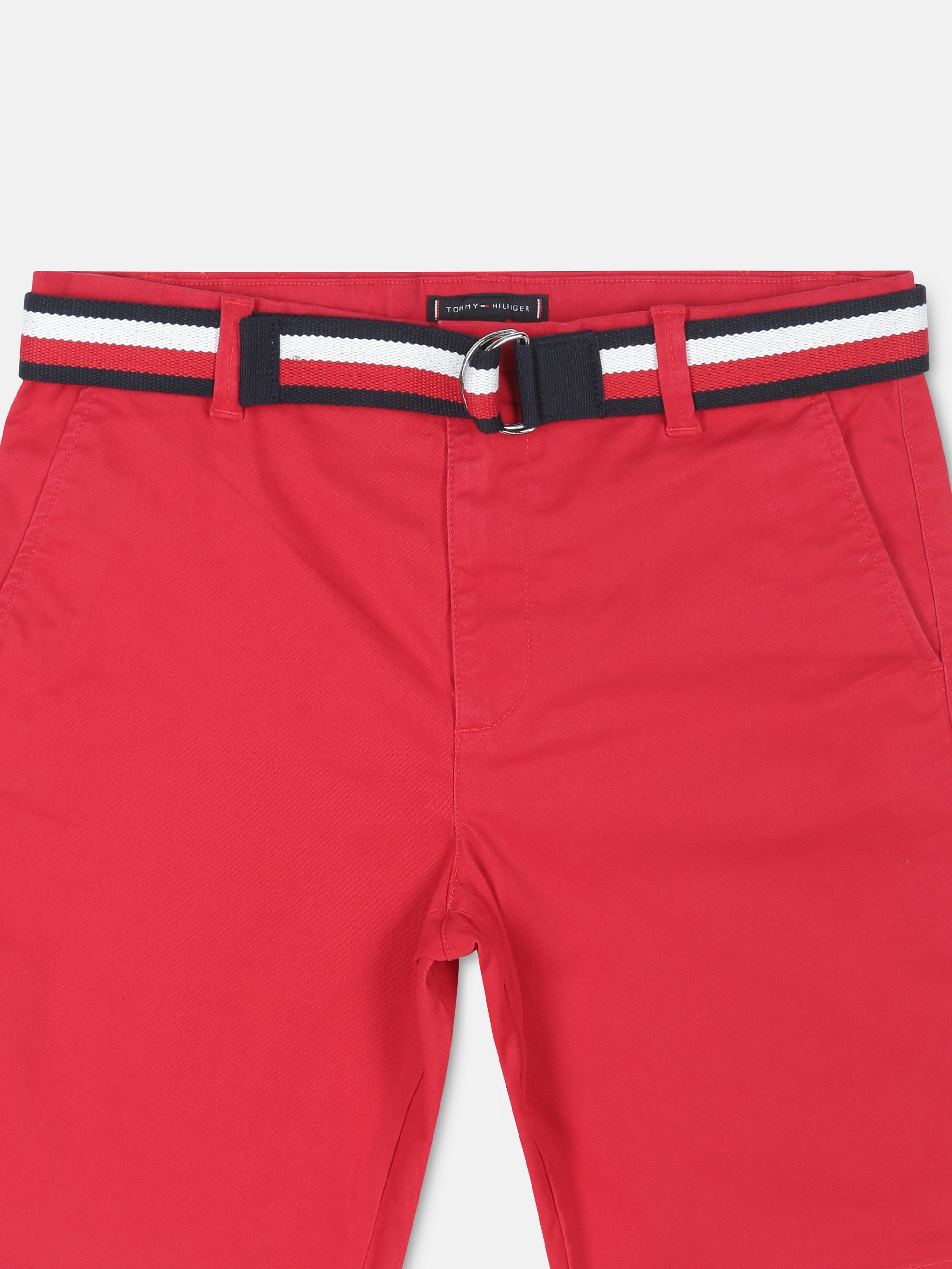 Boys Primary Red Regular Fit Solid Mid Rise Chino Shorts