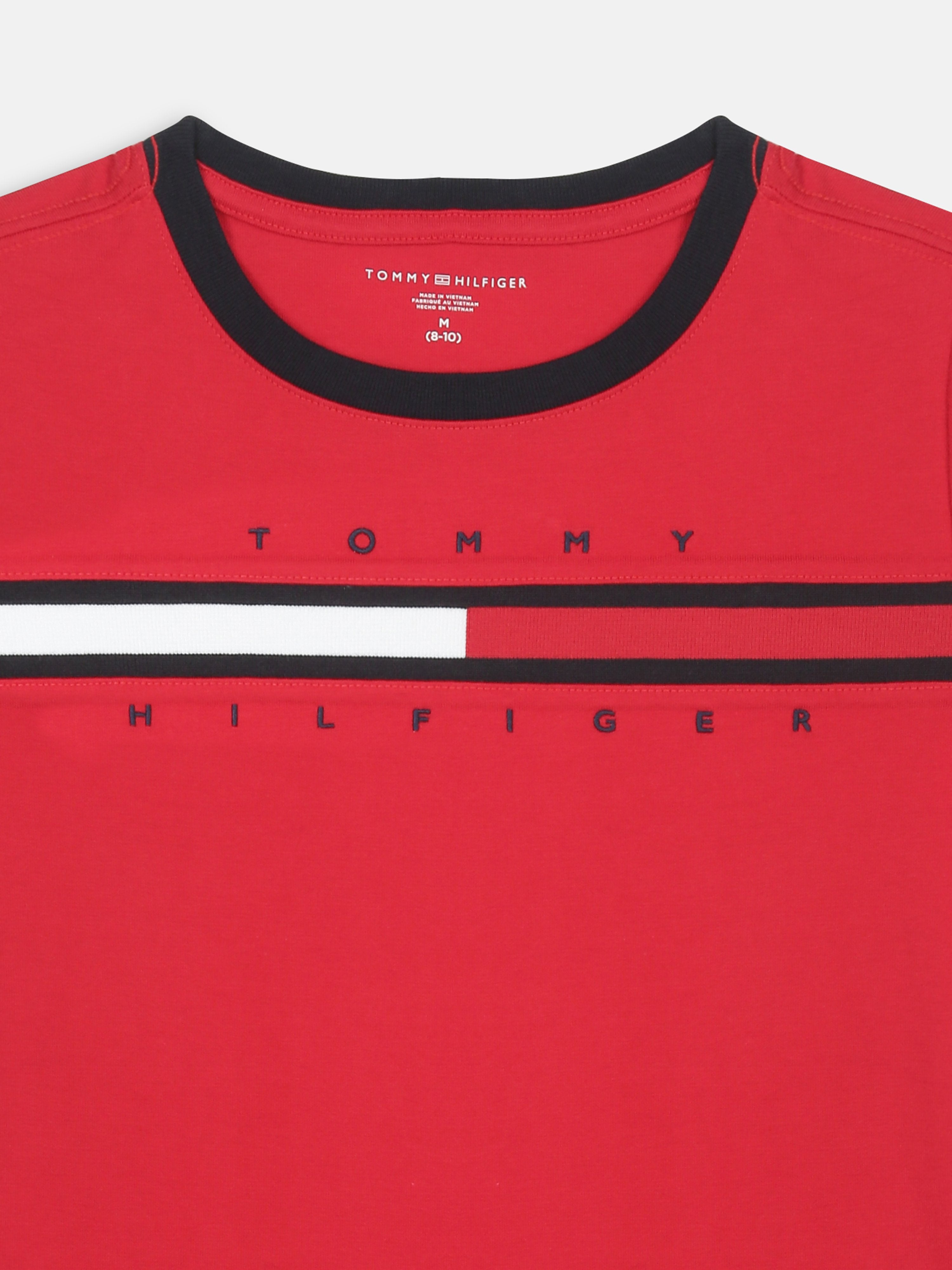 Boys Primary Red Embroidered Logo Cotton Regular Fit T-Shirt