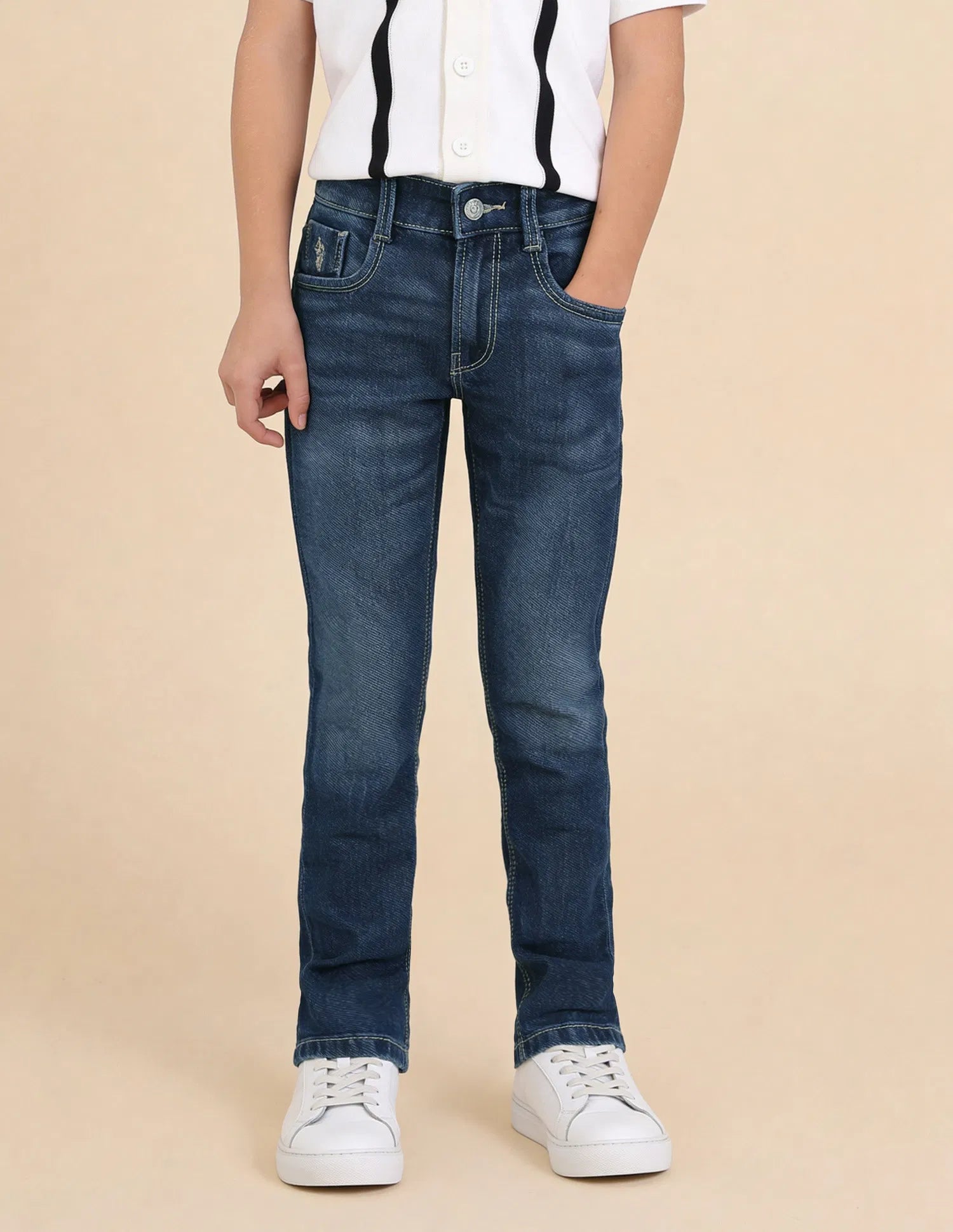 Boys Dark Blue Cotton Blend Whiskered Slim Fit Jeans