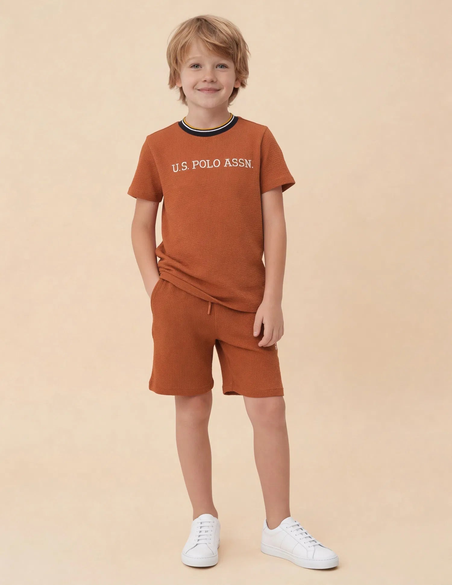 Boys Rust Cotton Blend Self Design Regular Fit T-Shirt