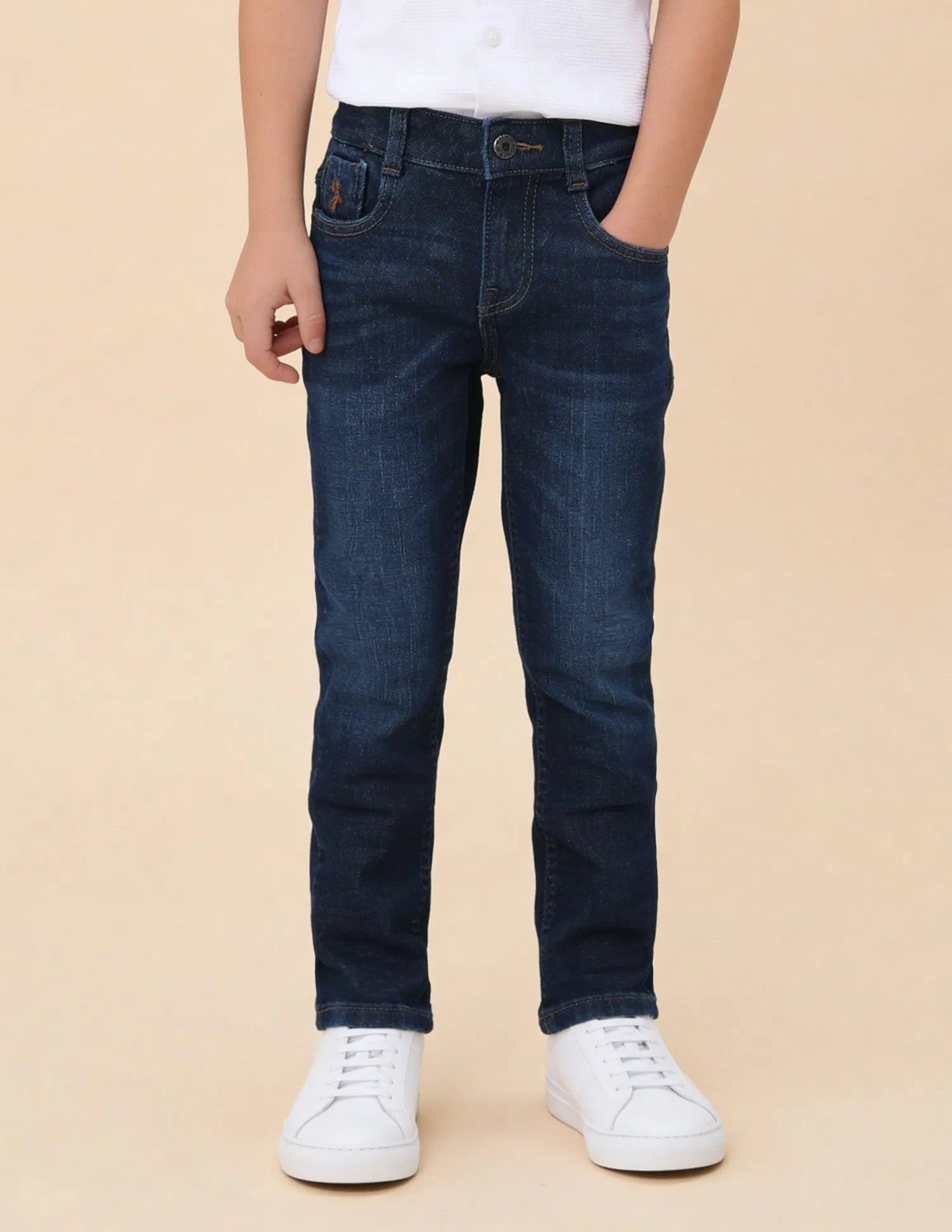 Boys Dark Blue Cotton Blend Whiskered Slim Fit Jeans
