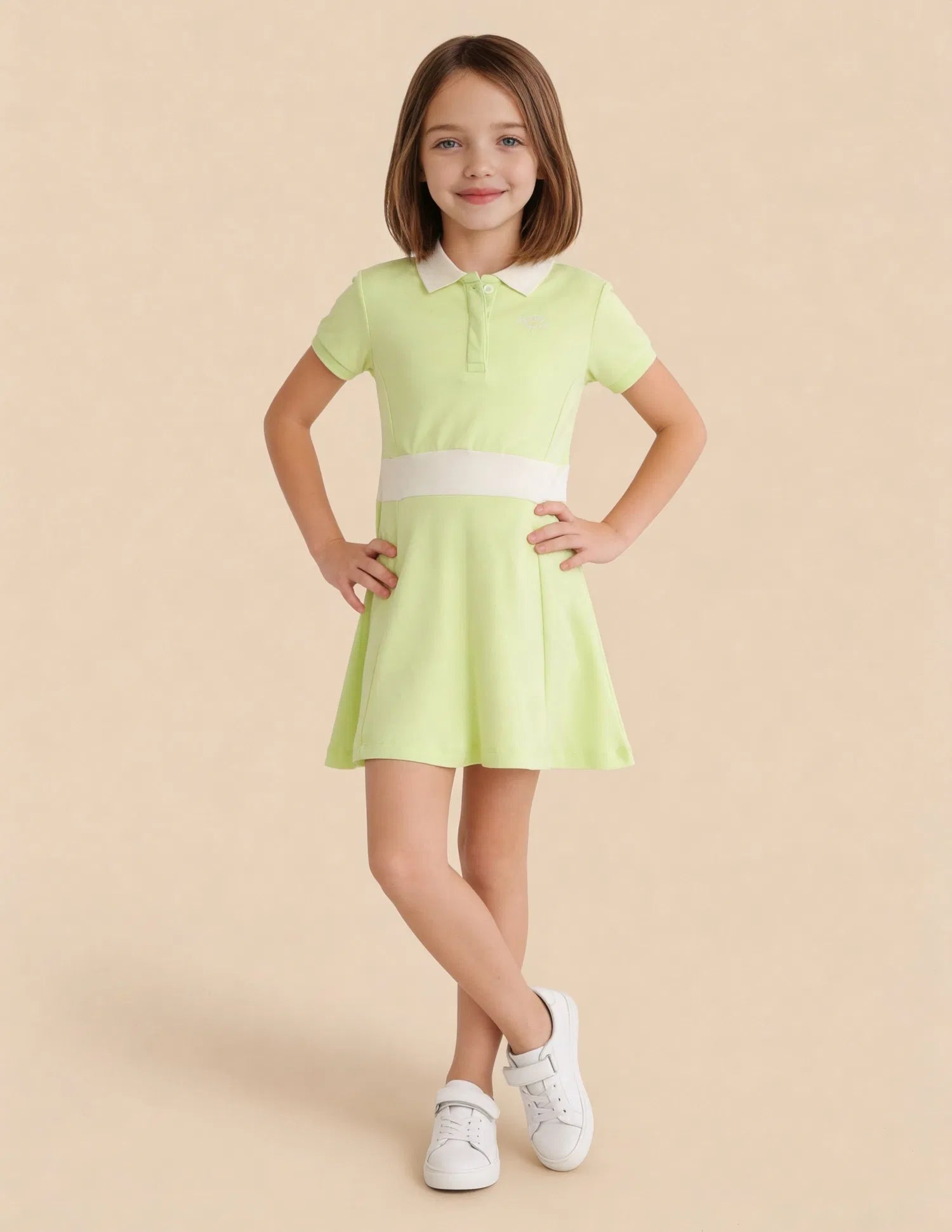 Girls Light Green Cotton Solid A-Line Polo Dress