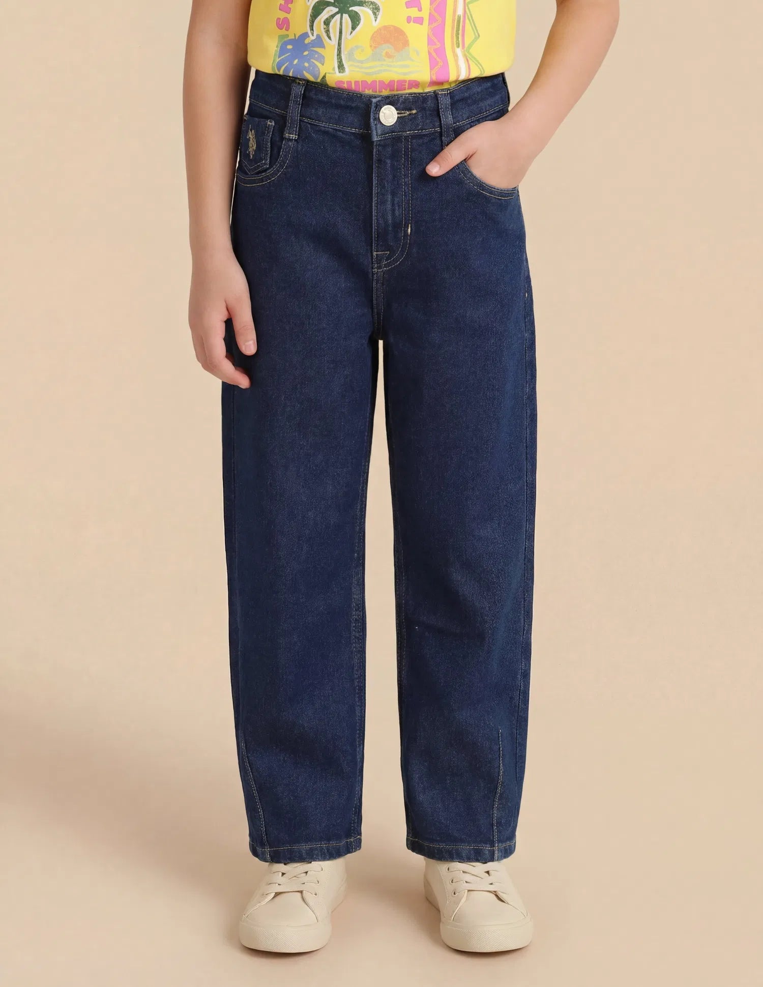 Girls Dark Blue Cotton Barrel Fit Jeans