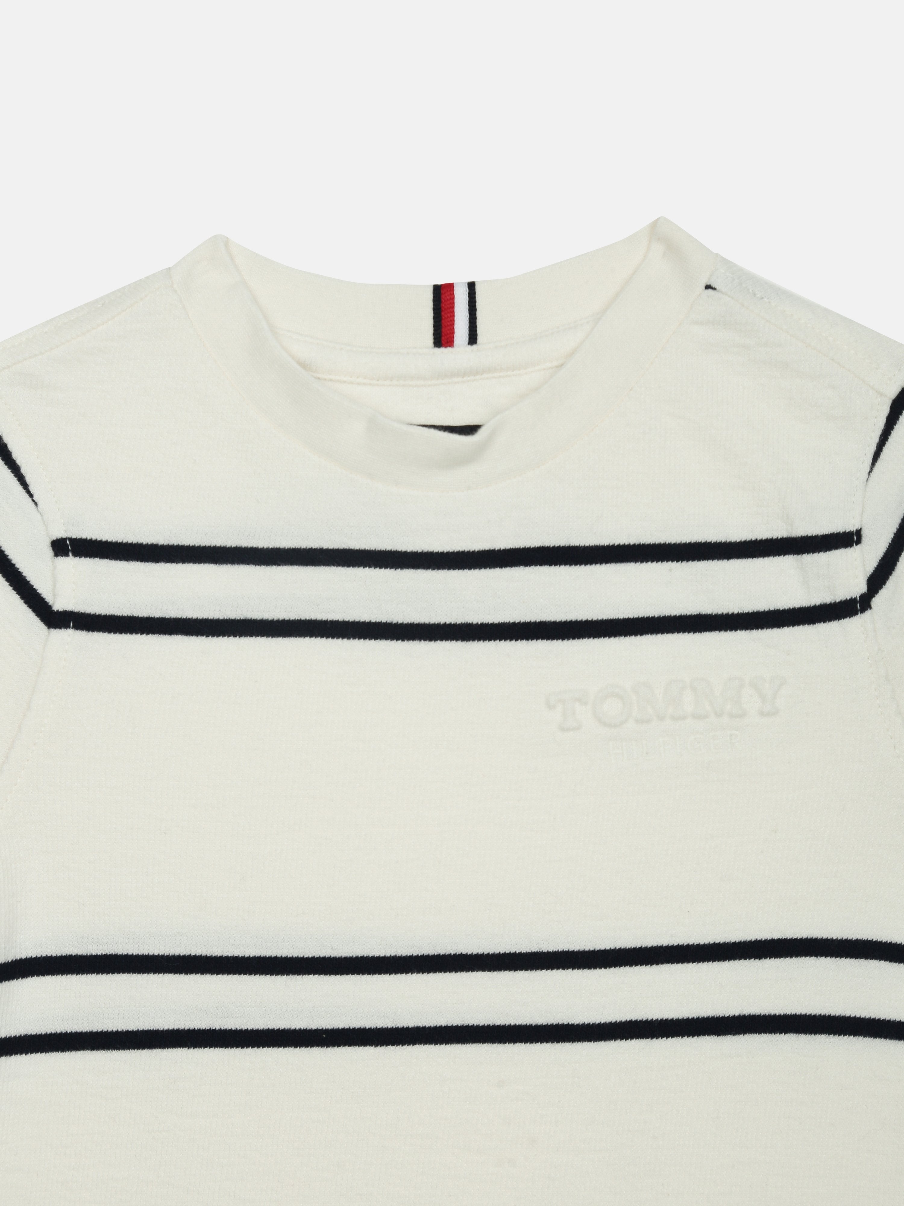 Boys White Striped Crew Neck Regular Fit Cotton Knit Top