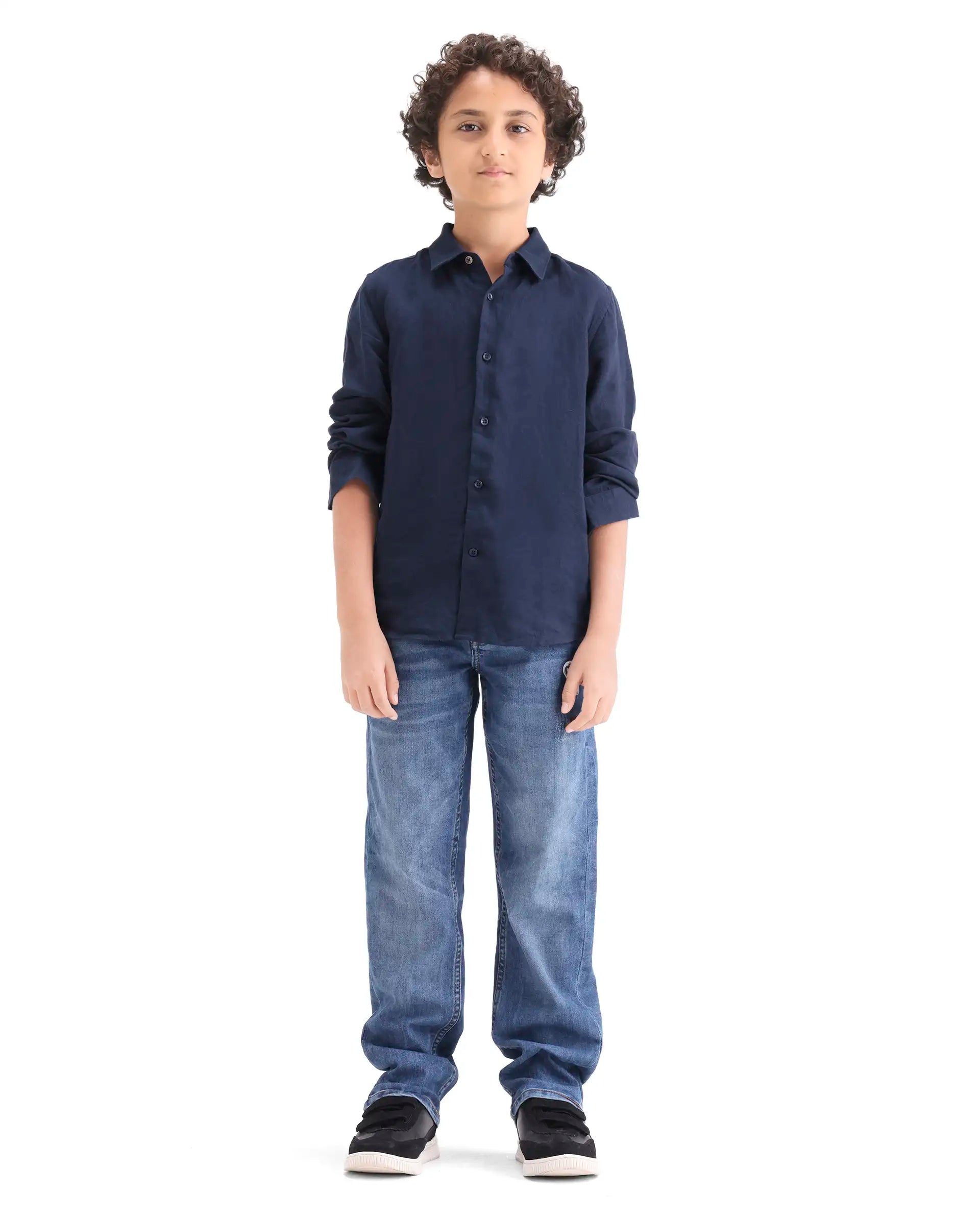 Rare Ones Boys Dino Blue Regular Fit Cotton Blend Denim Pant