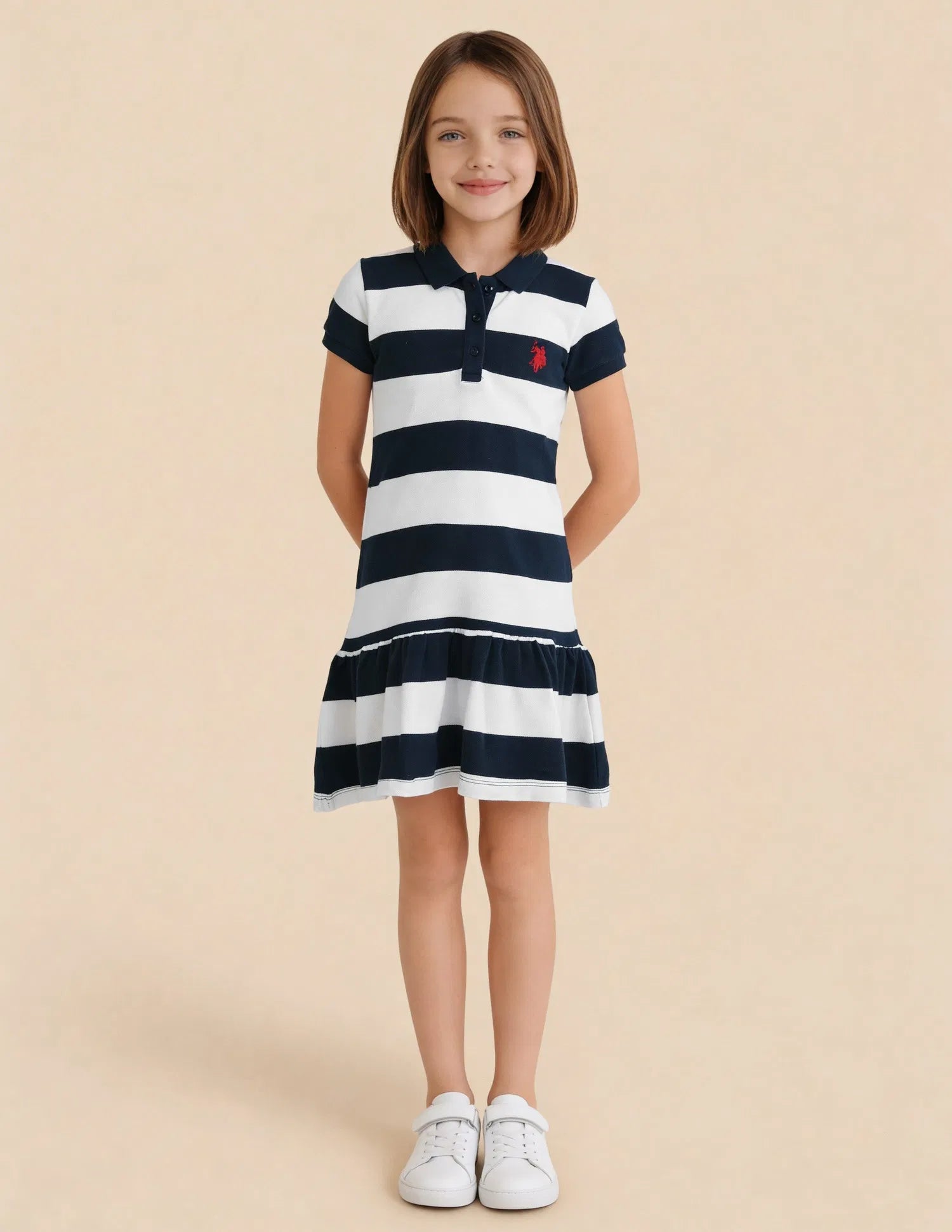 Girls Navy Cotton Horizontal Striped A-Line Polo Dress