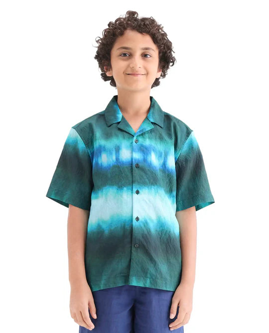 Rare Ones Boys Green Viscose Blend Boxy Fit Shirt