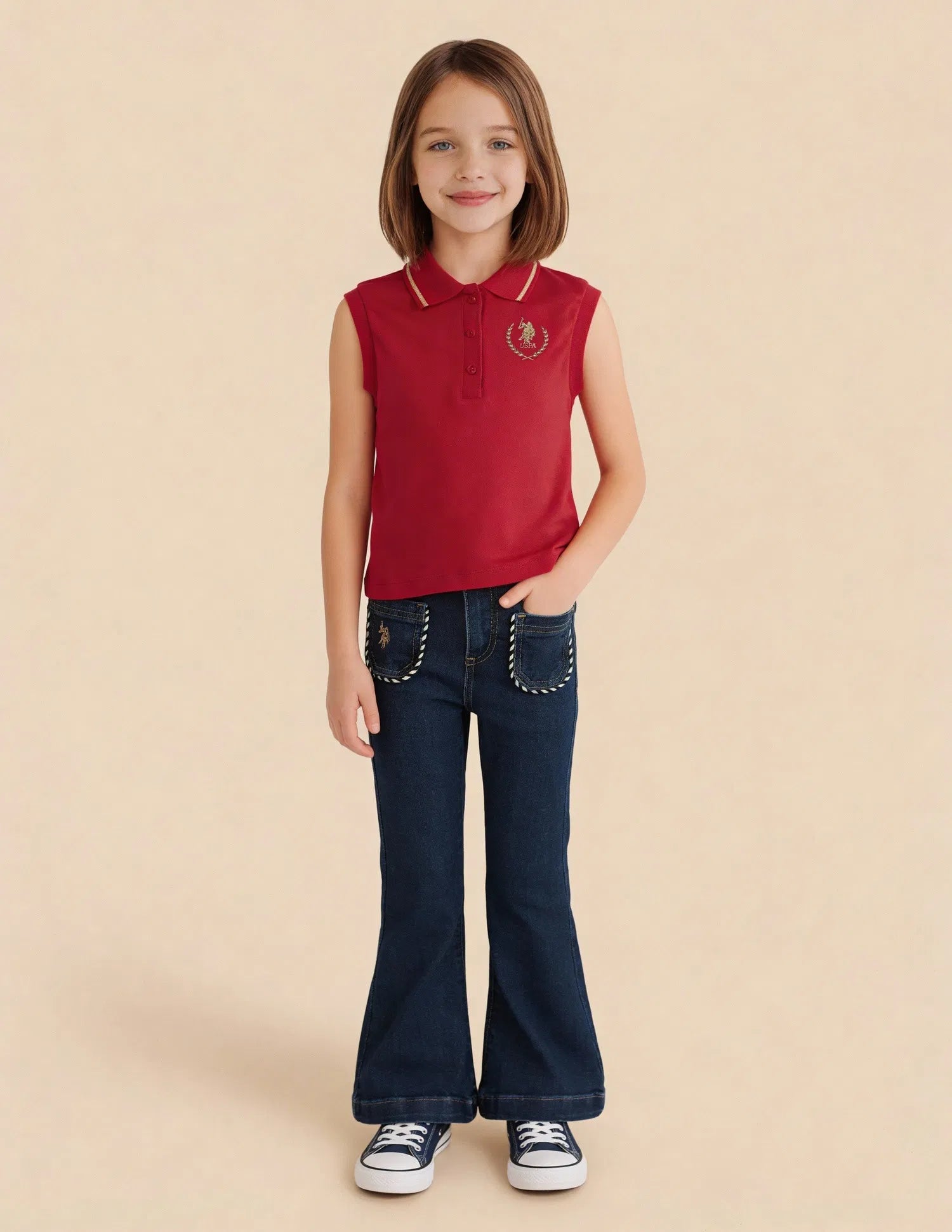 Girls Red Cotton Solid Sleeveless Regular Fit Top