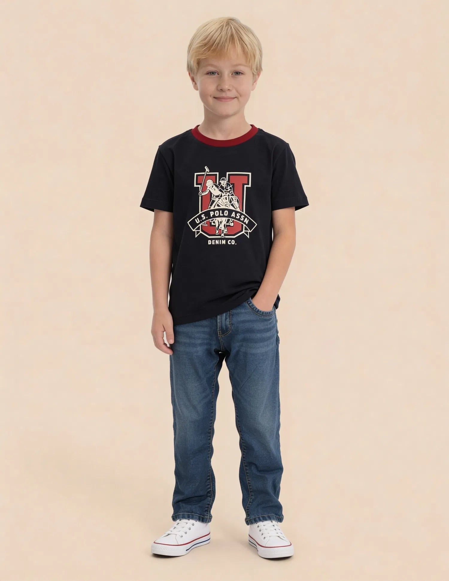 Boys Navy Cotton Brand Printed Regular Fit T-Shirt