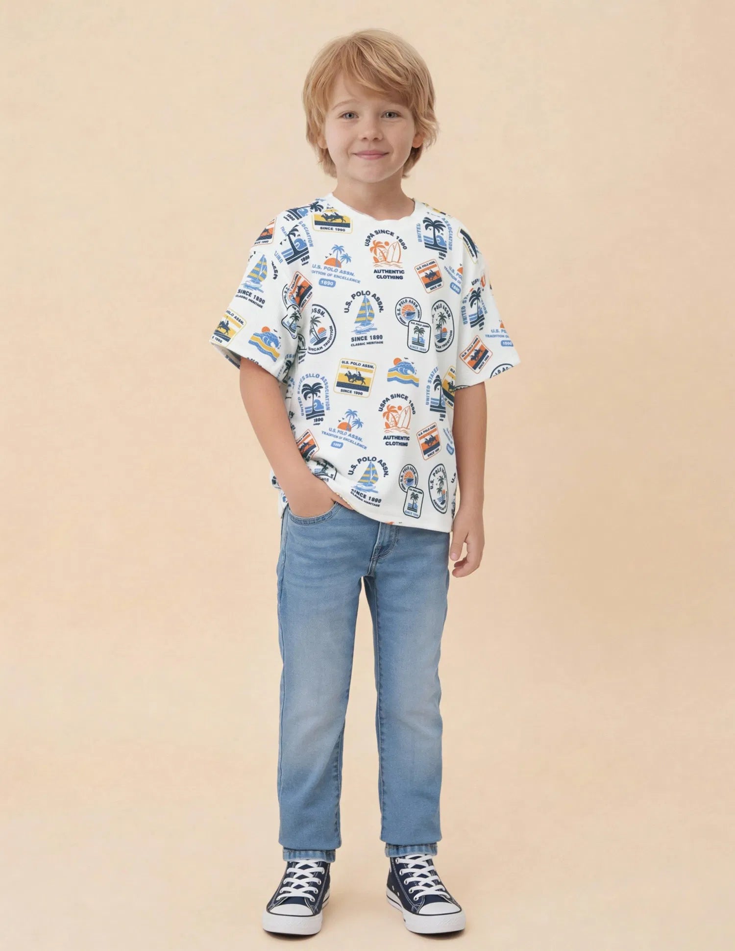 Boys White Cotton Blend Graphic Oversized Fit T-Shirt