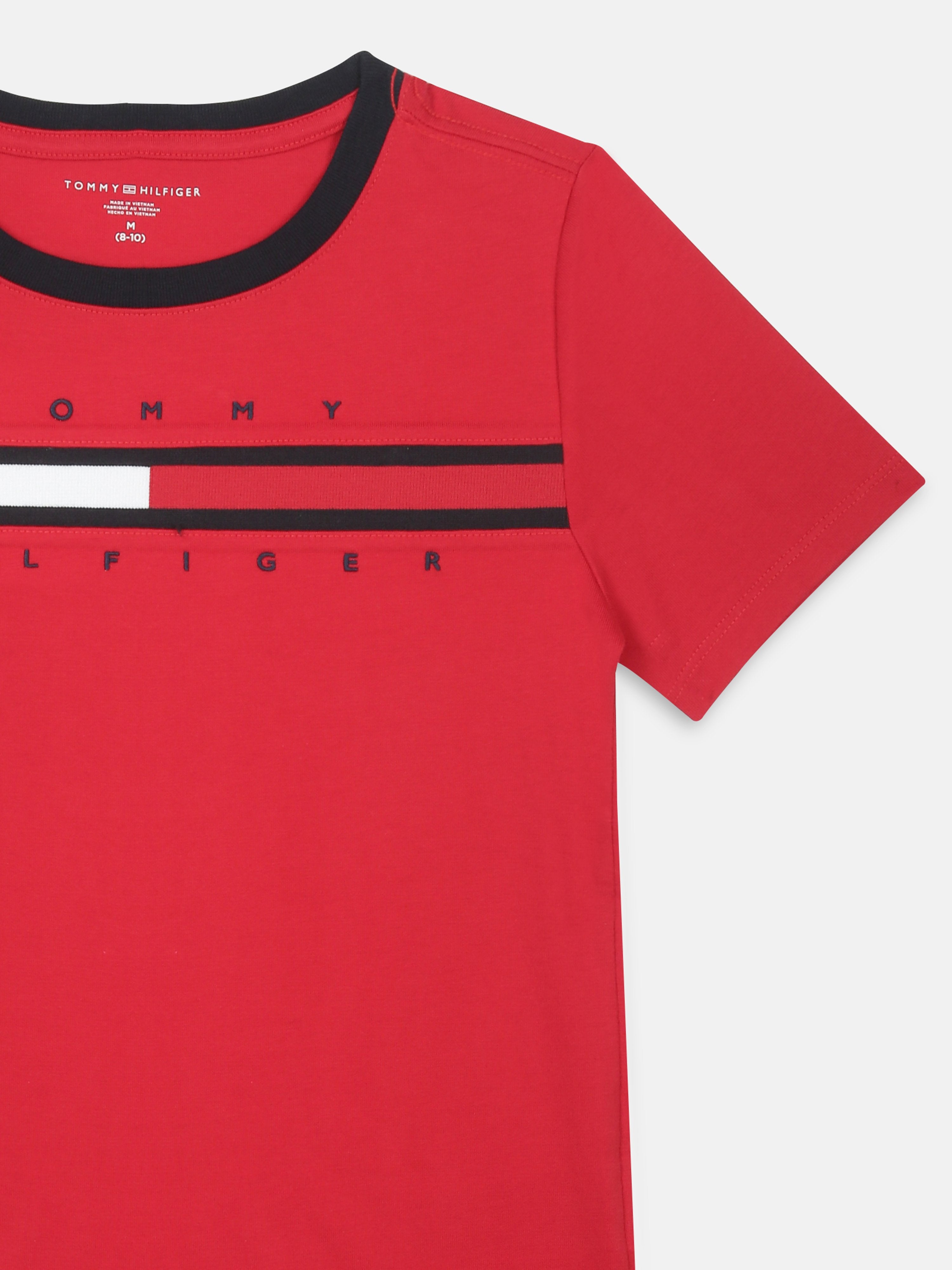 Boys Primary Red Embroidered Logo Cotton Regular Fit T-Shirt