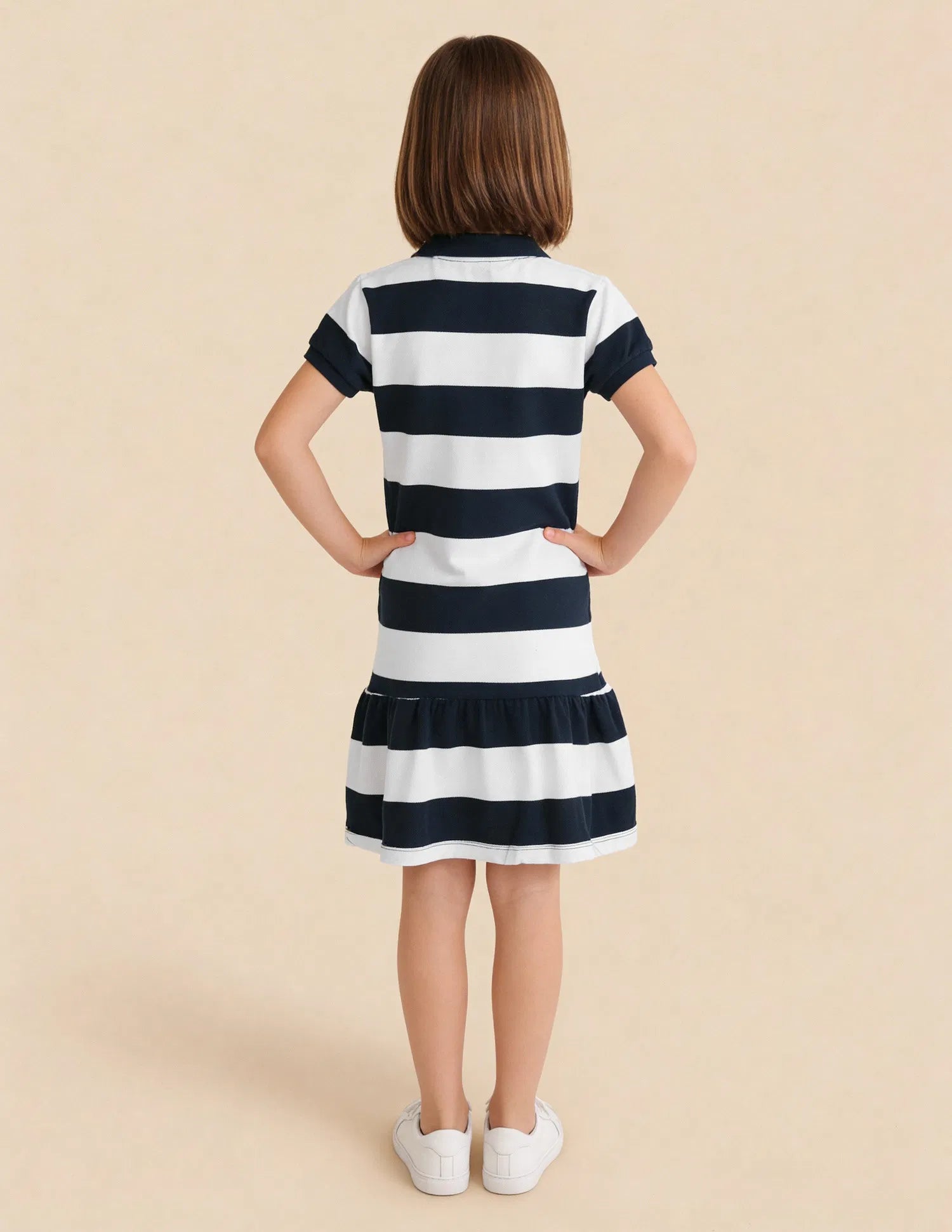 Girls Navy Cotton Horizontal Striped A-Line Polo Dress
