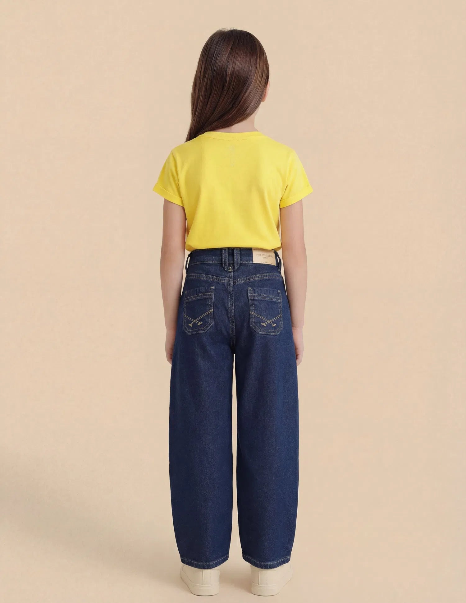 Girls Dark Blue Cotton Barrel Fit Jeans