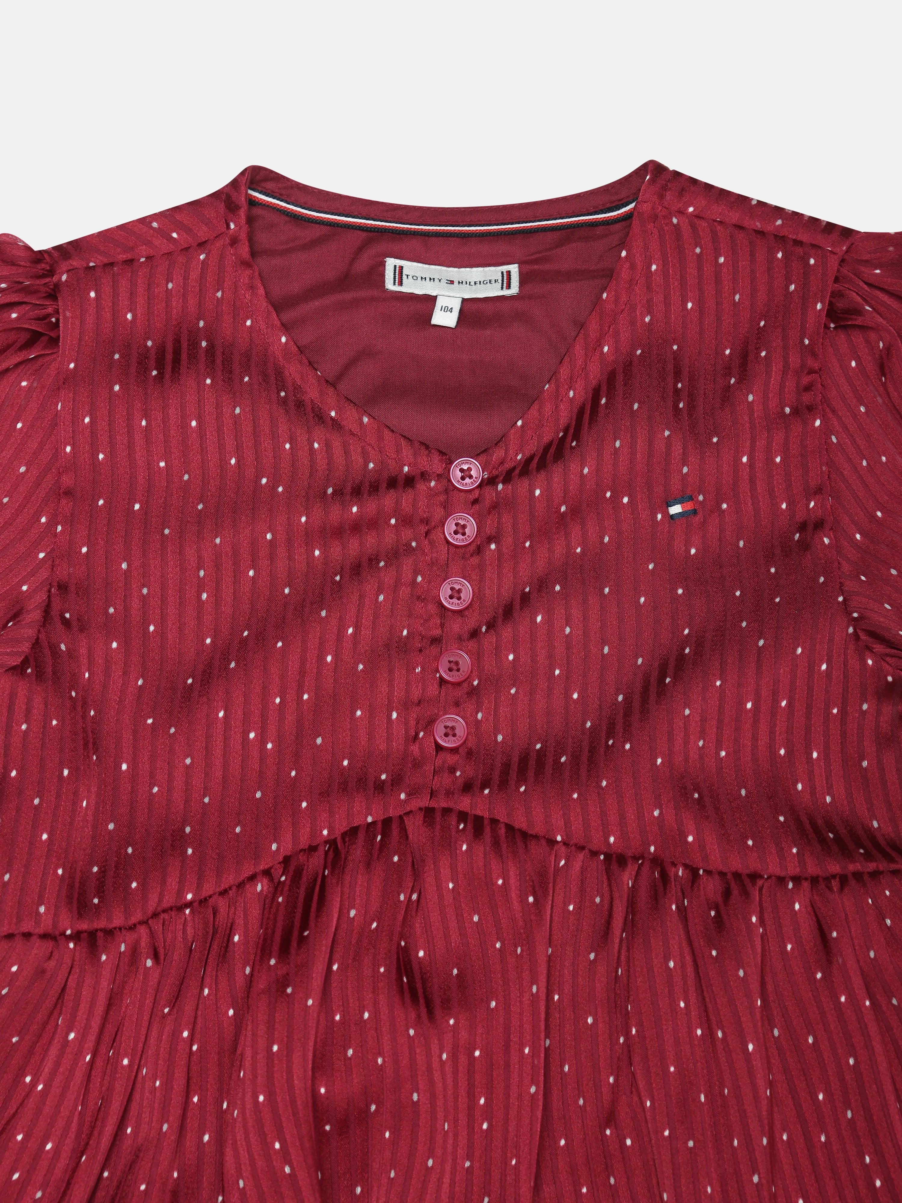 Girls Maroon Printed Polyester Casual V-Neck Dress